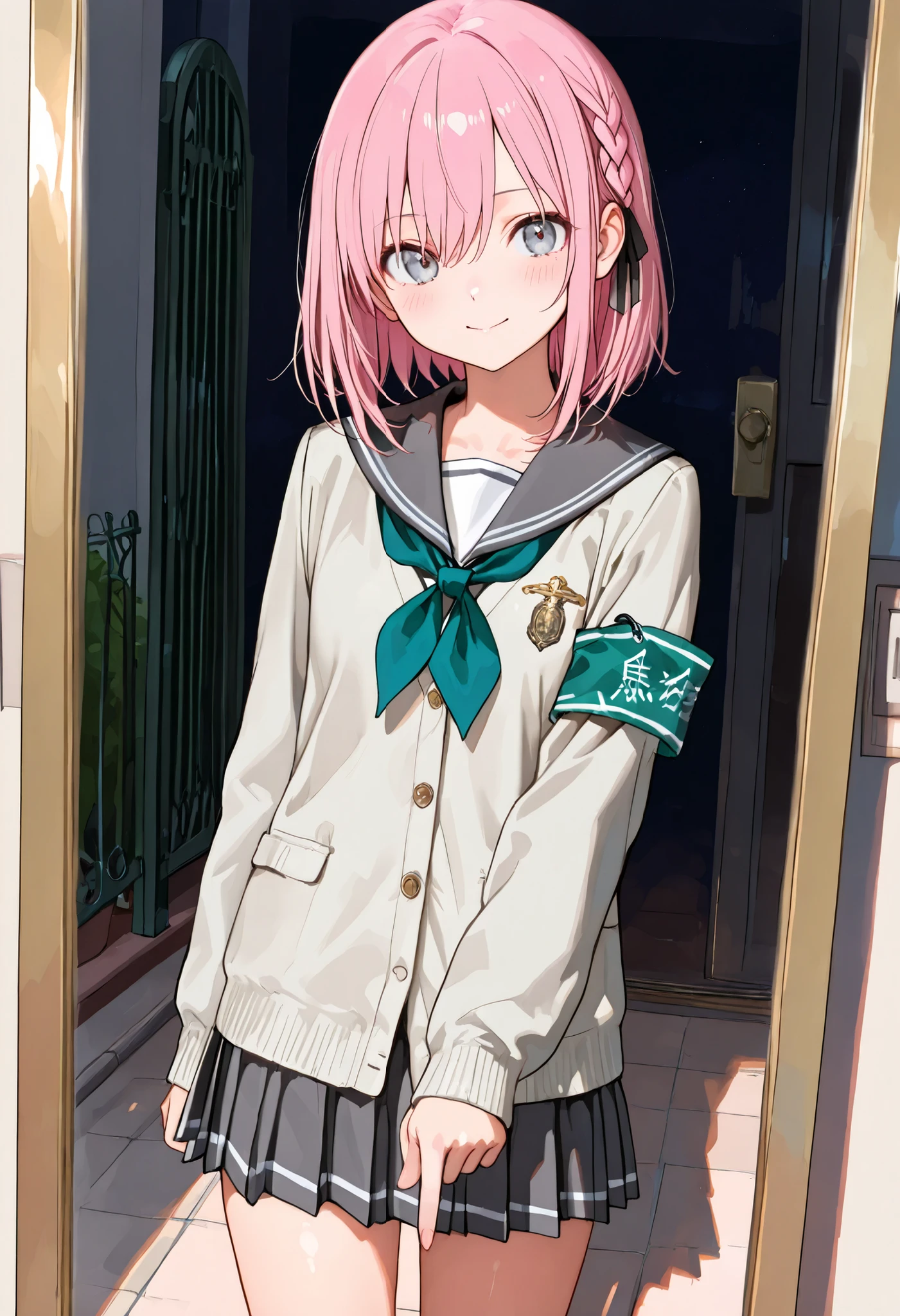 (((High school front gate))),High Pressure Girl,((Nio-Ryu)),(((Chairman of the Discipline Committee's armband))),cowboy shot,Approximately 150 cm,charismatic presence,Young face,high school, Surrounded by male students,Pointing and Instructions,4K High Resolution,High Dynamic Range,getting her hands in an anatomically correct shape,Extremely realistic digital illustration,shortcuts,disheveled hair,short braided hair,neat,Slender Beauty,Correct Attitude,small tits,beautiful legs,Her enchanting gray-blue eyes shine like stars,Saggy Eyes,Brilliant Colors,beautiful eyes,A delicate smile,textured skin on a mirror placed on the floor,Best Quality,gentle and beautiful woman,anime style、Details of making her legs anatomically correct,Deep color ,Dramatic Lighting,Precise Textures,Girl undergoing high-pressure training, Disciplinary Committee Chairman's Armband, Approximately 150 cm, charismatic presence, pointing to students, 4K Realistic Illustration, Extremely Detailed, professional, Brilliant Colors, Delicate Light and Shadow, Central Person on the Disciplinary Committee, Strictly Instructs Students, Coercive action, Small but Strong Presence, Trying to solve school problems You