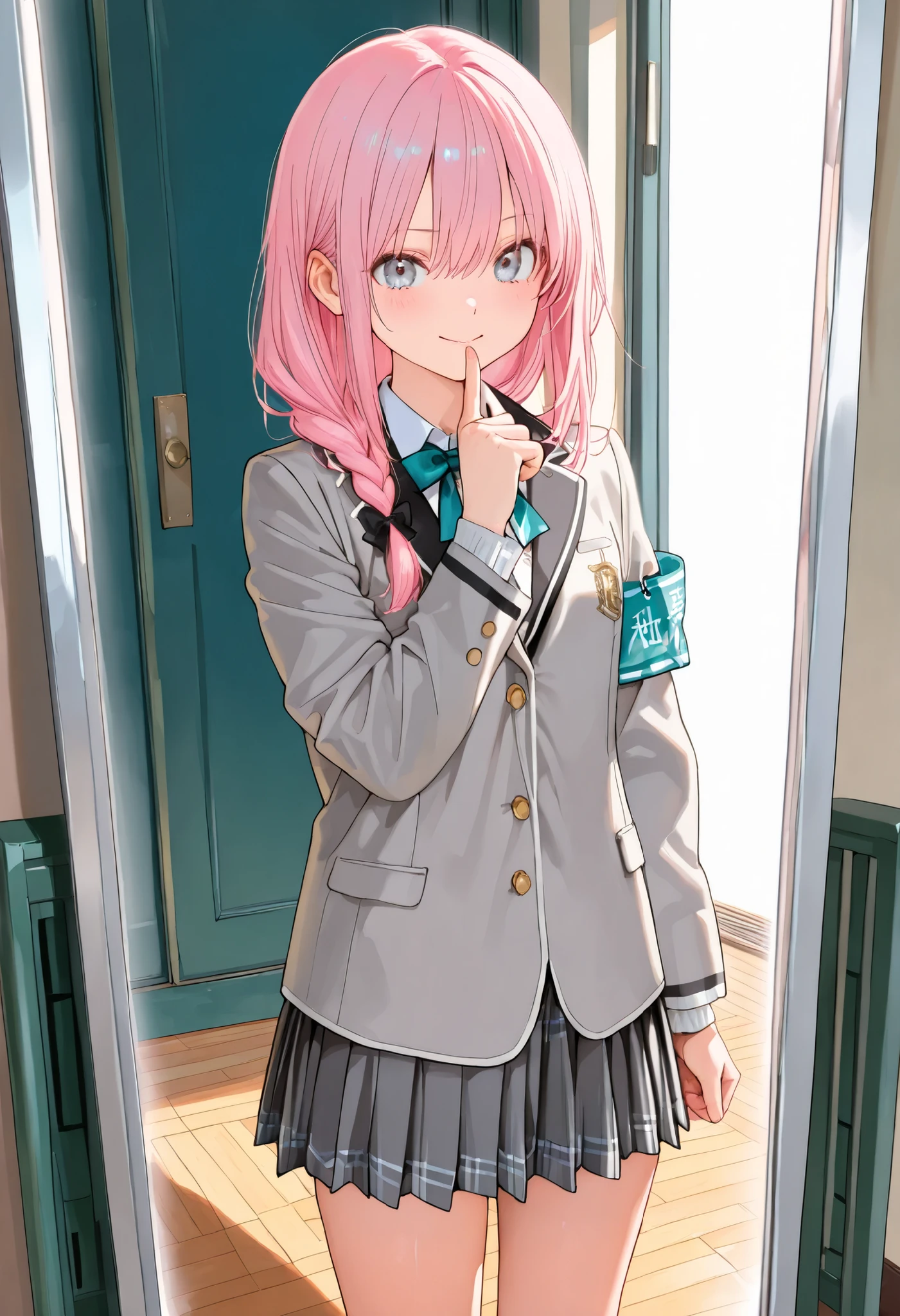 (((High school front gate))),High Pressure Girl,((Nio-Ryu)),(((Chairman of the Discipline Committee's armband))),cowboy shot,Approximately 150 cm,charismatic presence,Young face,high school, Surrounded by male students,Pointing and Instructions,4K High Resolution,High Dynamic Range,getting her hands in an anatomically correct shape,Extremely realistic digital illustration,shortcuts,disheveled hair,short braided hair,neat,Slender Beauty,Correct Attitude,small tits,beautiful legs,Her enchanting gray-blue eyes shine like stars,Saggy Eyes,Brilliant Colors,beautiful eyes,A delicate smile,textured skin on a mirror placed on the floor,Best Quality,gentle and beautiful woman,anime style、Details of making her legs anatomically correct,Deep color ,dramatic lighting,Precise Textures,Girl undergoing high-pressure training, Disciplinary Committee Chairman's Armband, Approximately 150 cm, charismatic presence, pointing to students, 4K Realistic Illustration, Extremely Detailed, professional, Brilliant Colors, Delicate Light and Shadow, Central Person on the Disciplinary Committee, Strictly Instructs Students, Coercive action, Small but Strong Presence, Trying to solve school problems You