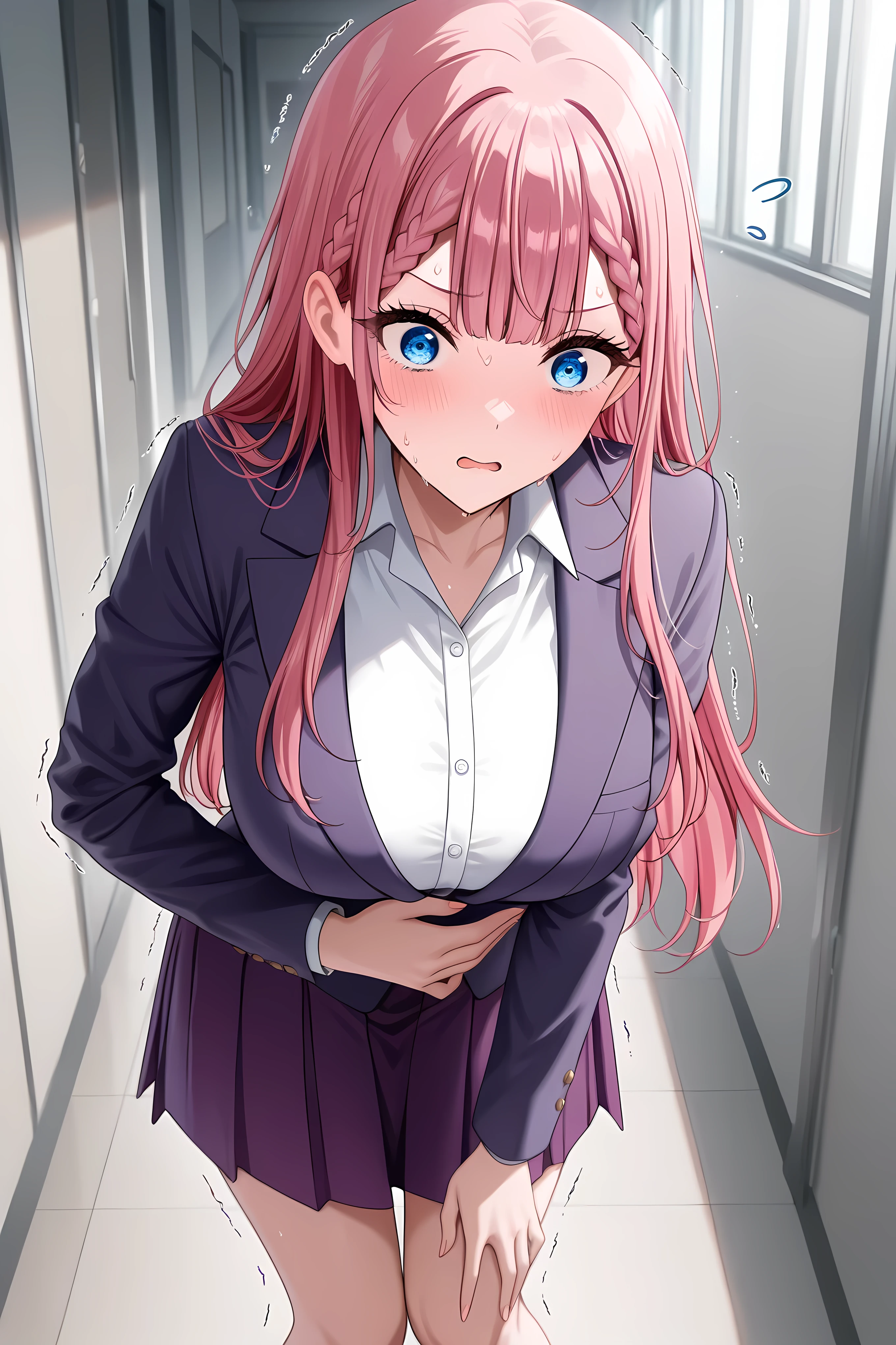 <lora:mafuyu-kirisu-s2-ponyxl-lora-nochekaiser:1>, mafuyu kirisu, blue eyes, braid, long hair,  pink hair, large breasts,,long sleeves, purple skirt, shirt, skirt, suit jacket, white shirt, blazer,,solo, general, masterpiece, highres, ultra-detailed, hyper-detailed, best quality,  amazing quality, very aesthetic, best hands, best eyes, best hand
adult woman, 1woman, hand on own stomach, sweat,  leaning forward, nervous, scared, trembling legs,

school hallway