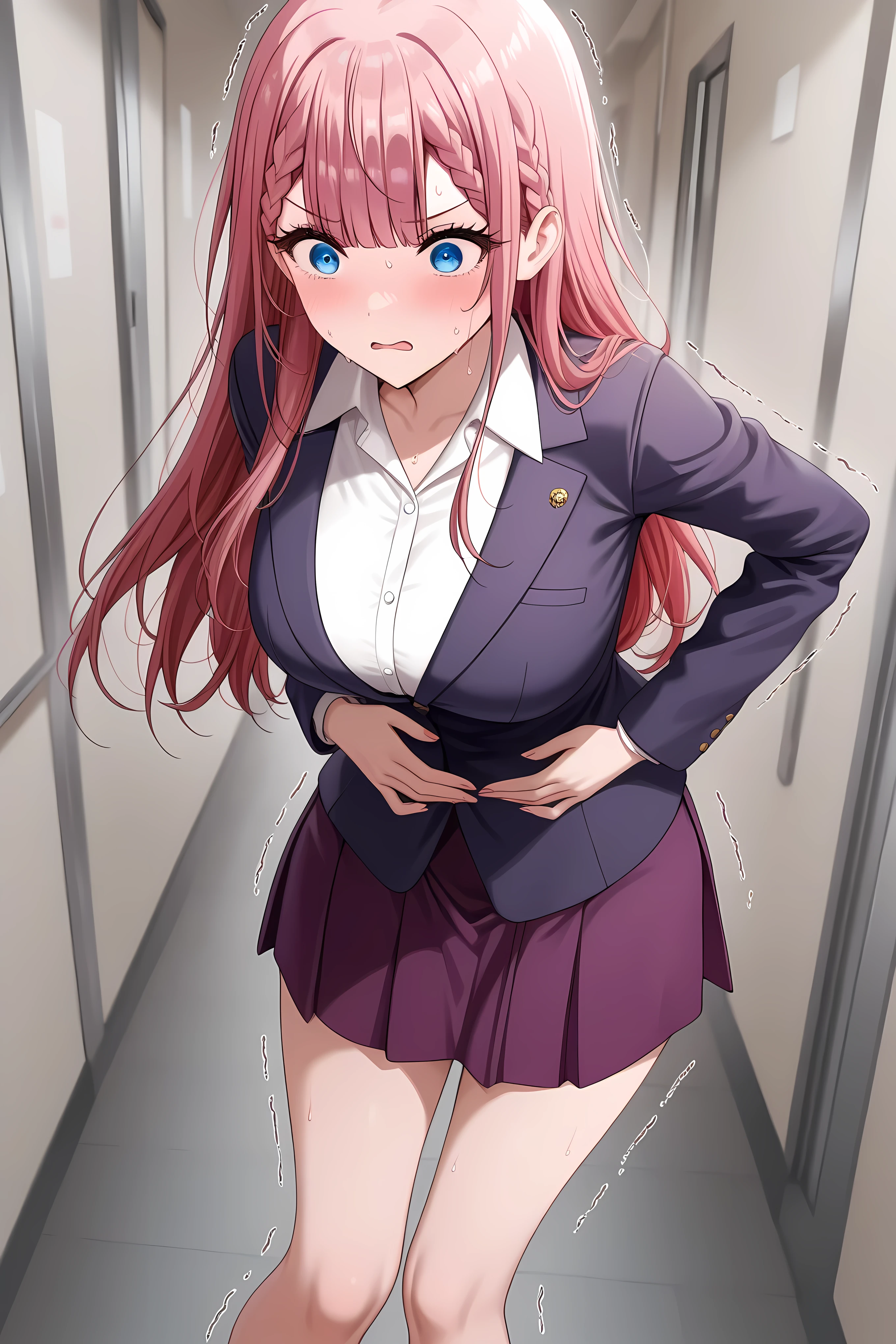 <lora:mafuyu-kirisu-s2-ponyxl-lora-nochekaiser:1>, mafuyu kirisu, blue eyes, braid, long hair,  pink hair, large breasts,,long sleeves, purple skirt, shirt, skirt, suit jacket, white shirt, blazer, solo, general, masterpiece, highres, ultra-detailed, hyper-detailed, best quality,  amazing quality, very aesthetic, best hands, best eyes, best hand
adult woman, 1woman, hand on own stomach, sweat,  leaning forward, nervous, scared, trembling legs,

school hallway