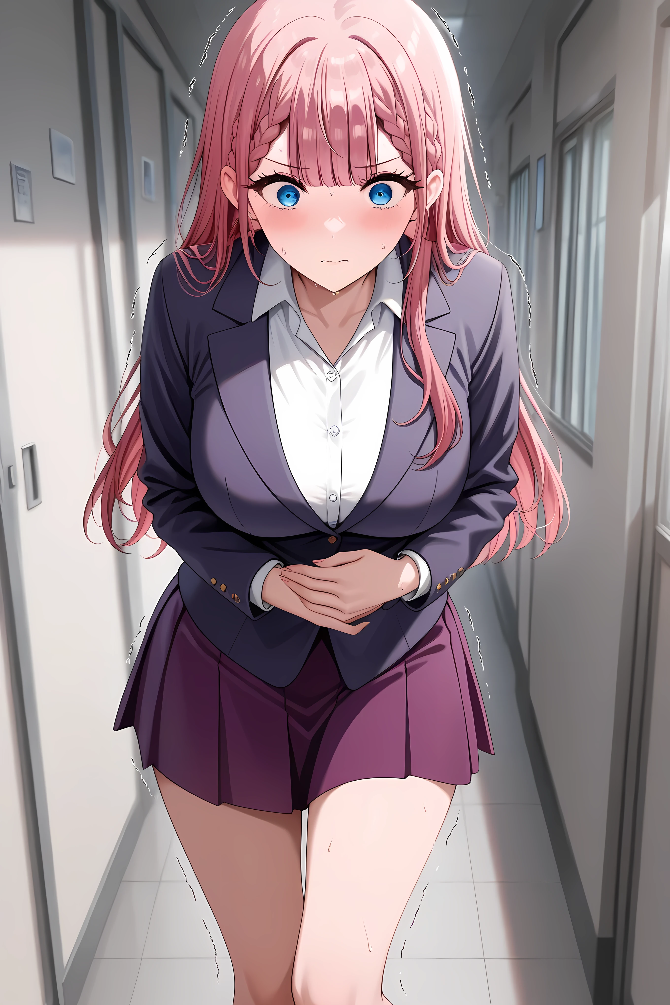 <lora:mafuyu-kirisu-s2-ponyxl-lora-nochekaiser:1>, mafuyu kirisu, blue eyes, braid, long hair,  pink hair, large breasts,,long sleeves, purple skirt, shirt, skirt, suit jacket, white shirt, blazer, solo, general, masterpiece, highres, ultra-detailed, hyper-detailed, best quality,  amazing quality, very aesthetic, best hands, best eyes, best hand
adult woman, 1woman, hand on own stomach, sweat,  leaning forward, nervous, scared, trembling legs,

school hallway