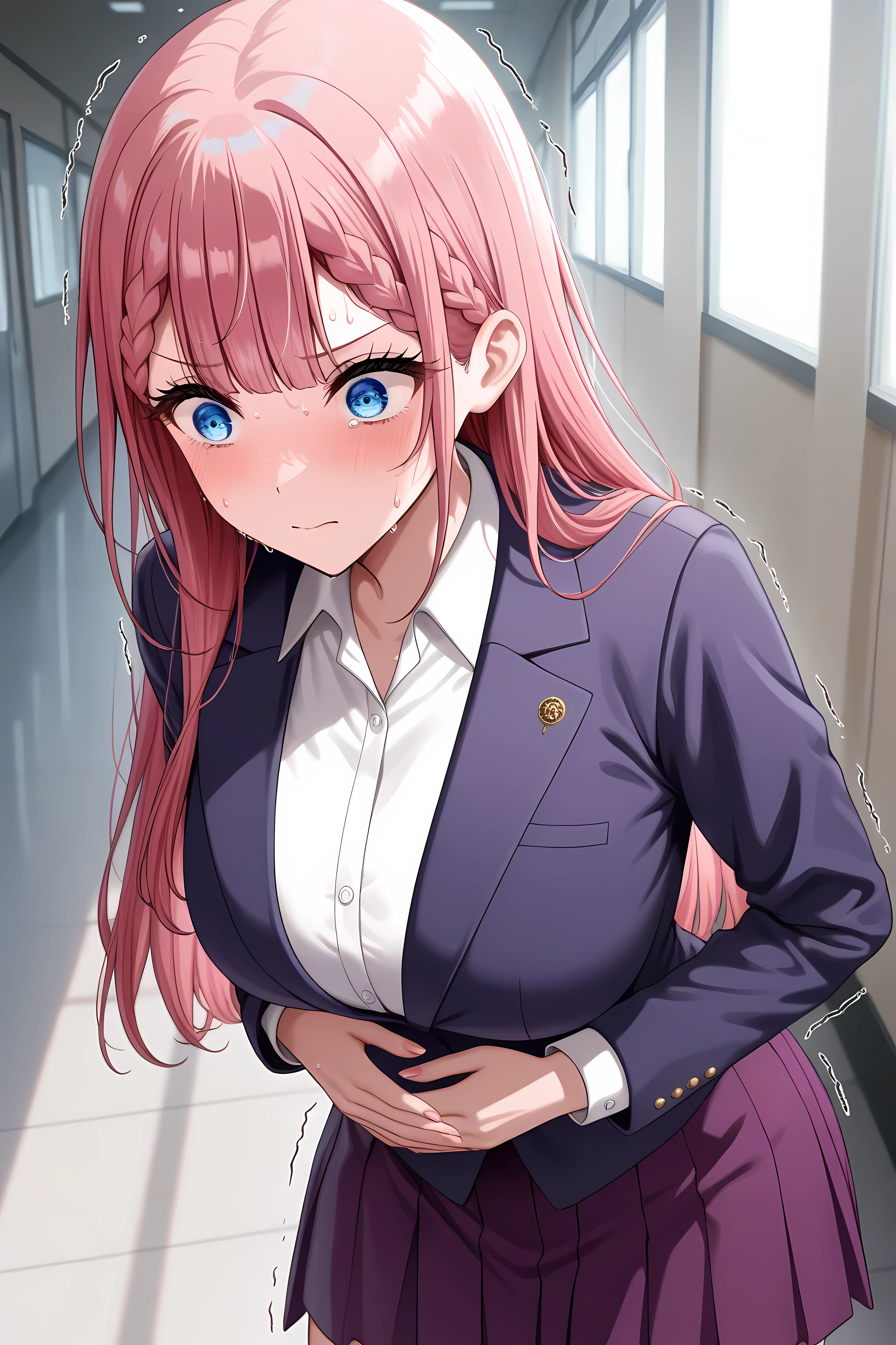 <lora:mafuyu-kirisu-s2-ponyxl-lora-nochekaiser:1>, mafuyu kirisu, blue eyes, braid, long hair,  pink hair, large breasts,,long sleeves, purple skirt, shirt, skirt, suit jacket, white shirt, blazer, upper body shot,

solo, general, masterpiece, highres, ultra-detailed, hyper-detailed, best quality,  amazing quality, very aesthetic, best hands, best eyes, best hand
adult woman, 1woman, hand on own stomach, sweat,  leaning forward, nervous, scared, trembling legs,

school hallway