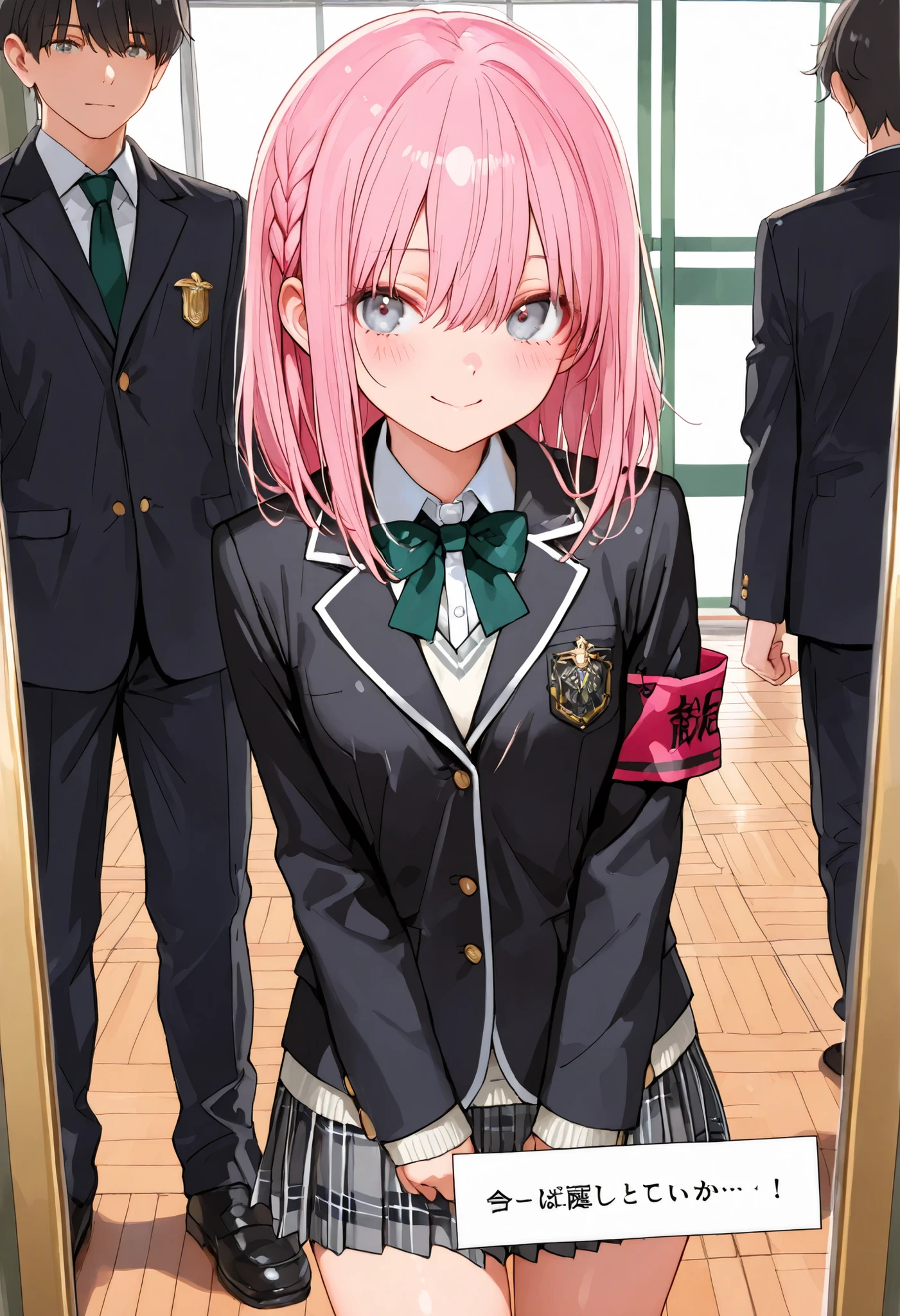 (((High school front gate))),High Pressure Girl,((Nio-Ryu)),(((Chairman of the Discipline Committee's armband))),cowboy shot,Approximately 150 cm,charismatic presence,Young face,high school, Surrounded by male students,Pointing and Instructions,4K High Resolution,High Dynamic Range,getting her hands in an anatomically correct shape,Extremely realistic digital illustration,shortcuts,disheveled hair,short braided hair,neat,Slender Beauty,Correct Attitude,small tits,beautiful legs,Her enchanting gray-blue eyes shine like stars,Saggy Eyes,Brilliant Colors,beautiful eyes,A delicate smile,textured skin on a mirror placed on the floor,Best Quality,gentle and beautiful woman,anime style、Details of making her legs anatomically correct,Deep color ,Dramatic Lighting,Precise Textures,Girl undergoing high-pressure training, Disciplinary Committee Chairman's Armband, Approximately 150 cm, charismatic presence, pointing to students, 4K Realistic Illustration, Extremely Detailed, professional, Brilliant Colors, Delicate Light and Shadow, Central Person on the Disciplinary Committee, Strictly Instructs Students, Coercive action, Small but Strong Presence, Trying to solve school problems You
