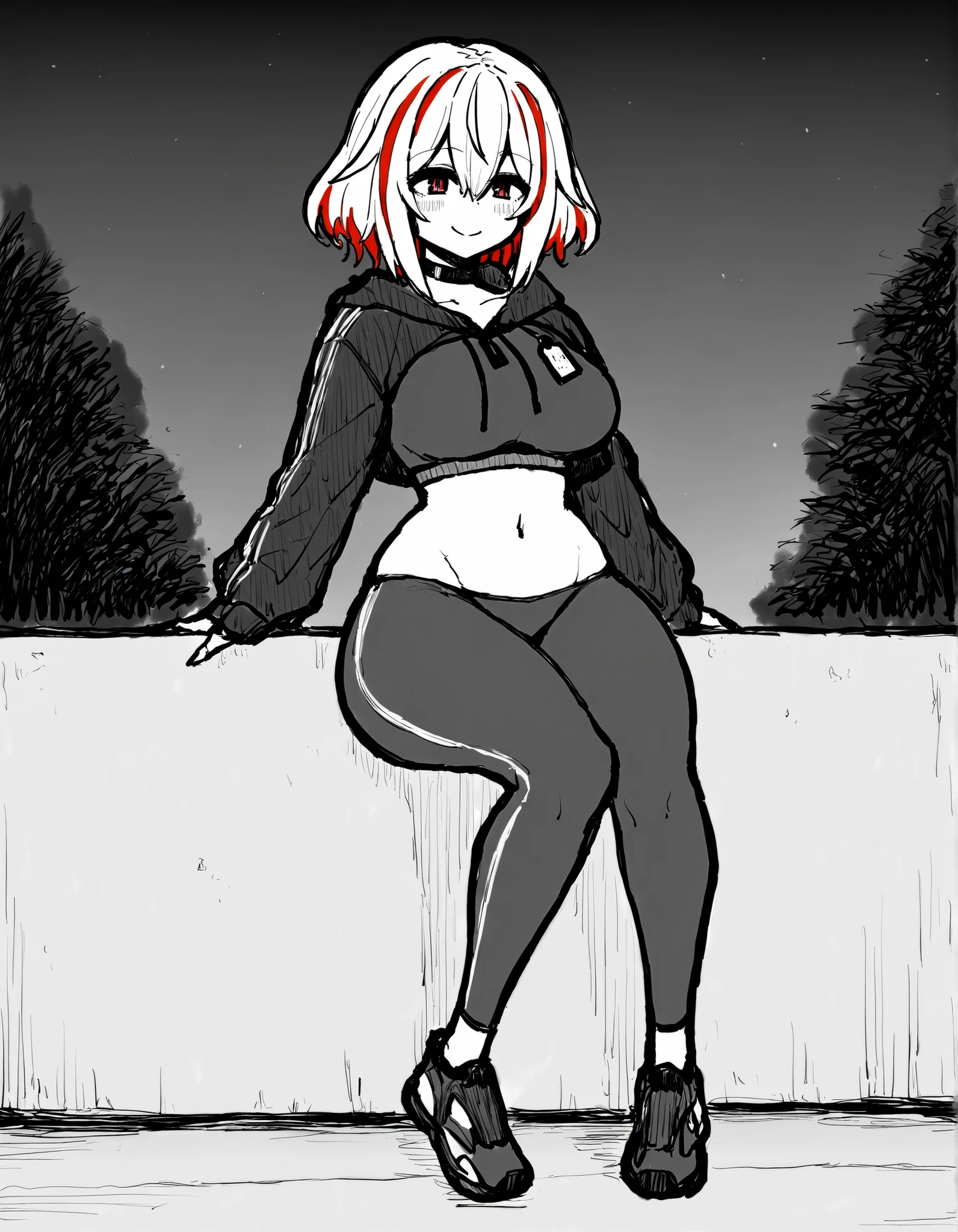 ((Masterpiece,8k,detailed,best quality),1female,perfect face,(cute face),breasts,wide hips,big thighs,pretty eyes,choker,red eyes, between eyes ,Roon, standing, blonde_hair, short_hair, streaked_hair, smile,bob hair, bangs,black sport sport leggings,cropped hoodie, happy,outside,night,colar,sitting,low concrete wall background,tags on wall,sketch drawing,monochrome,black souls style