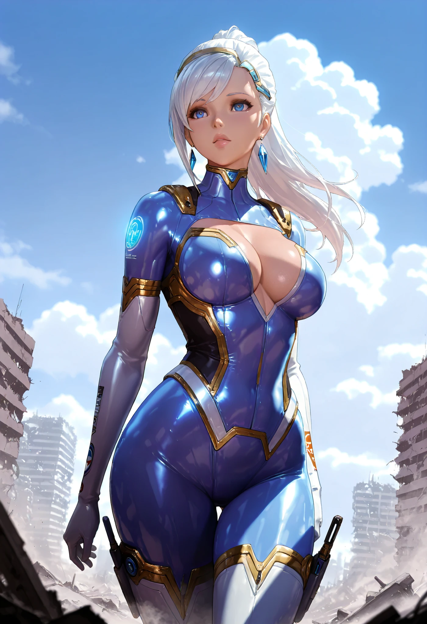 realistic, detailed, (masterpiece), (best quality), (ultra-detailed), original, [sci-fi],4k,8k,Highest quality, ultra high definition, 4k, 8k, young woman, beautiful woman, great figure, , white hair, long hair, futuristic rubber suit, mechanical jacket, background is destroyed buildings, blue sky, white clouds