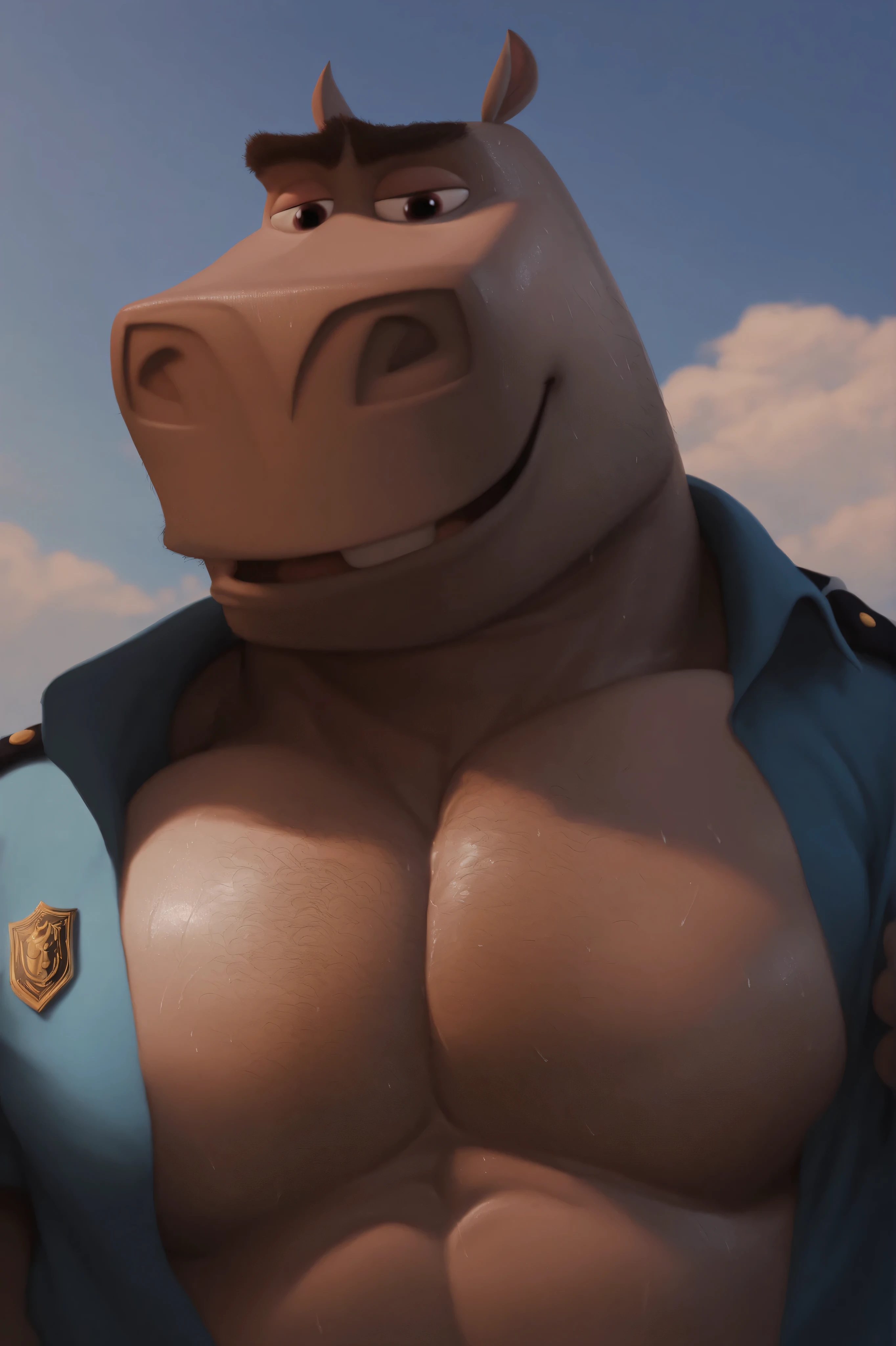 An anthropomorphic anthropomorphic gray furred muscle hippo wearing a police suit removing his shirt to reveal his muscular, hairy chest. sweaty, sun,