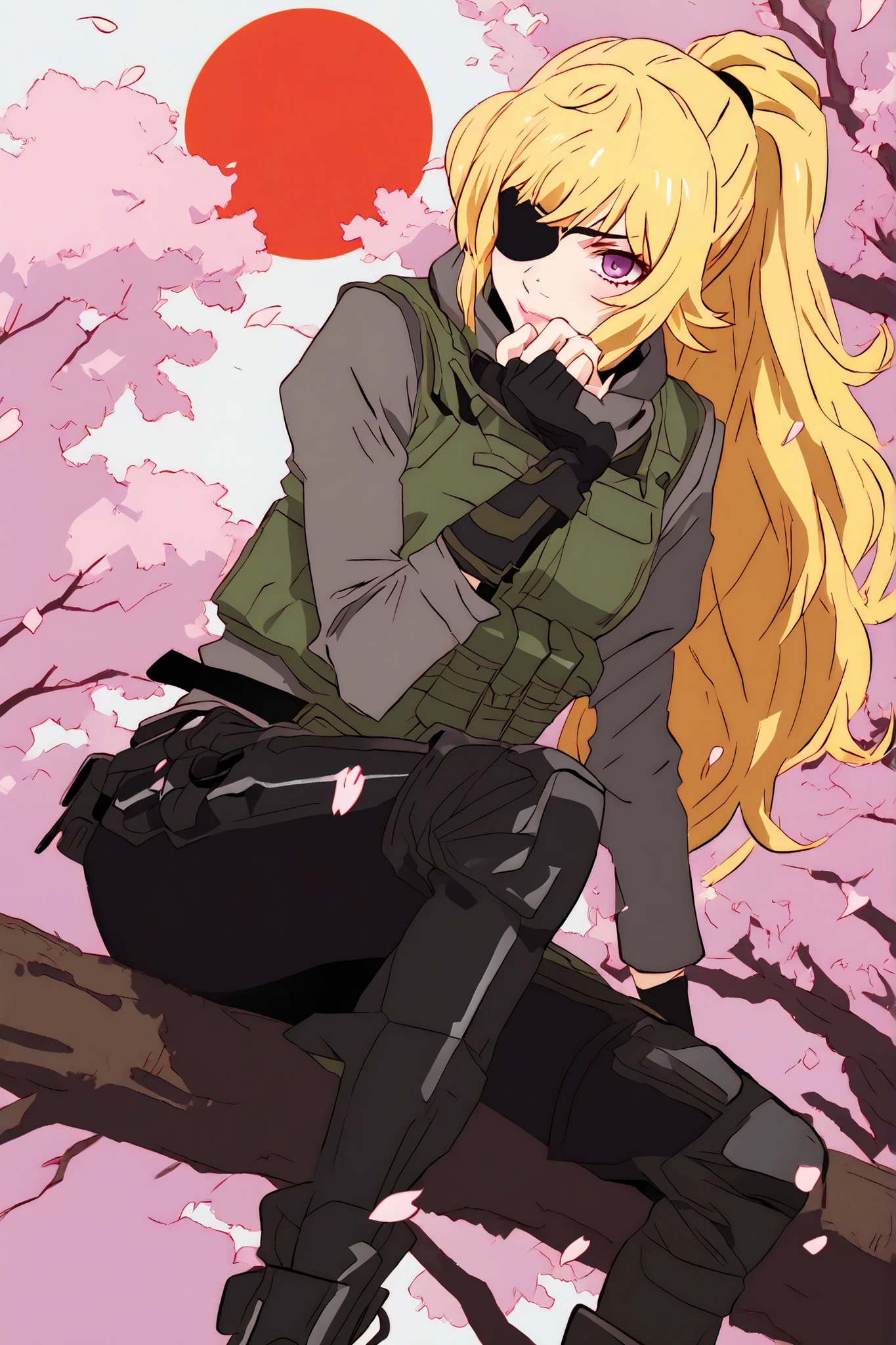 yang xiao long from rwby, marin kitagawa, 
, A fierce female anime ninja with long golden wavy hair tied back in a wild ponytail, wearing a green tactical shinobi vest and dark combat gear, sitting on a cherry blossom tree branch. She has intense purple eyes and wears a black eyepatch over her left eye. Cherry petals gently fall around her, a large red sun fills the background, dynamic pose, confident and serene expression, minimalist background, clean anime line art style, cel-shaded, art by Ilya Kuvshinov and Masashi Kishimoto --v 6 --ar 4:5 --style raw, blonde, long hair, wavy hair, dark bg
