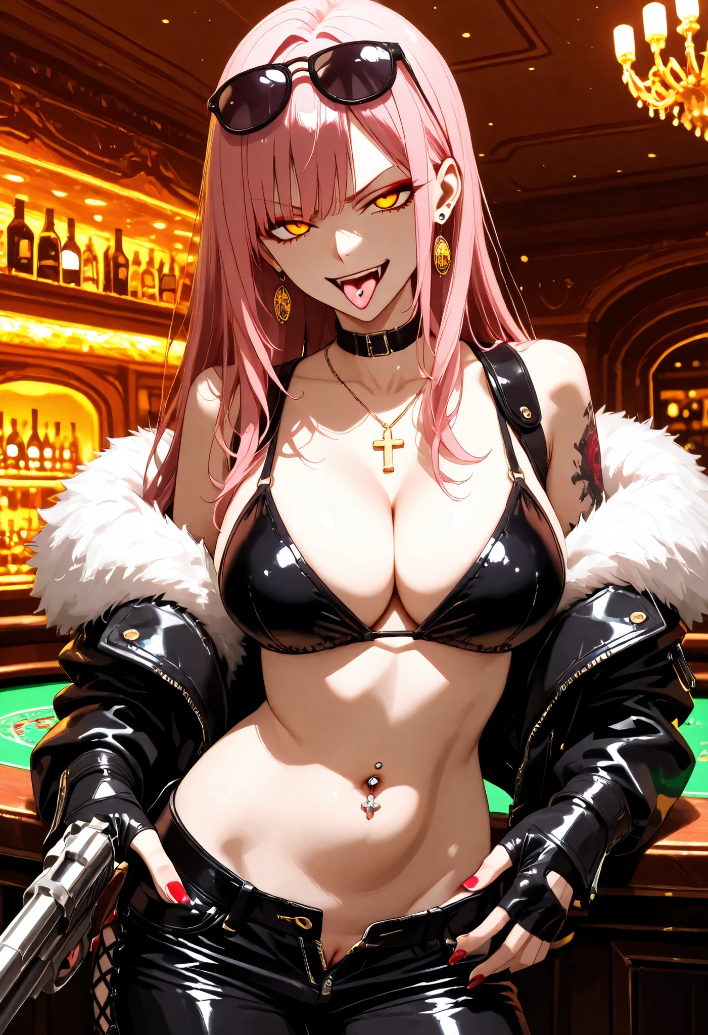 1girl, solo,
score_6, score_7, score_8, score_9,
pink hair, long hair, orange_eyes, yellow_eyes, midriff, navel, FullyExposedStomach, midriff, navel,
(toned_body:0.8), nail polish, ,makeup , ear piercing, long hair, lipstick,Hot girl, baddie, smoking, sensual, attractive , choker, ,cross necklace,,jewelry, earrings, bar background, inside bar ,indoors, , casino, , fur jacket , bare shoulders , white fur , , , leather pants , dark brown , fur , side inserts , belt , weapon holder , weapon , fingerless gloves , leather , forearms , sword , short , strapped , belt , cowboy shot , masterpiece , best quality , highly detailed , a girls with a gun , evil smile , open mouth , sexy gaze , badass pose , evil smile , smile , (nsfw) not safe for work , guns blazing , anime girl with long hair , beautiful long haired girl , navel , evil expression , exposed belly , exposed navel , exposed midriff , exposed lower belly , long black pants , cleavage , unbuttoned leather pants , open fly , low rise black leather pants , leather jacket , holding a gun , holding pistol , unbuttoned shirt , collared shirt , knot , pull_down leather pants , (show off panties , :1 . 2 , no panties) , pull_down long black pants , pull_down black leather pants , zip up leather jacket , bikini top , navel piercing , cross-laced slit , tongue piercing , tongue out , open mouth , clitoris piercing ,, , shoulder holster,, sunglasses on head ,medium large breast ,looking at viewer , dragon tattoo on waist, narrowed eyes, tattoo on waist, anipai_style , anime screencap , anime coloring, v-shape eyebrows,,