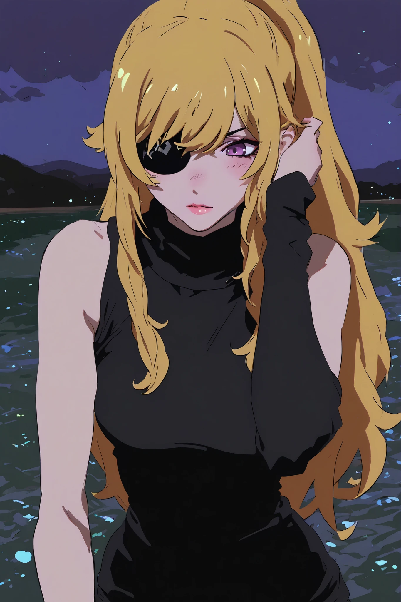 yang xiao long from rwby, marin kitagawa, 
, A fierce female anime ninja with long golden wavy hair tied back in a wild ponytail, wearing a black turtleneck, we can see her reflection in a placid lake, at night, small blue lights scattered across the lake, she is serene, thoughtful
. She has intense purple eyes and wears a black eyepatch over her left eye. at night, dark sky,dynamic pose, confident and serene expression, minimalist background, clean anime line art style, cel-shaded, art by Ilya Kuvshinov and Masashi Kishimoto --v 6 --ar 4:5 --style raw, blonde, long hair, wavy hair, dark bg, looking down, a lock of hair is sliding across her face, she is tucking it behind her ear, perfect lips, great proportions

