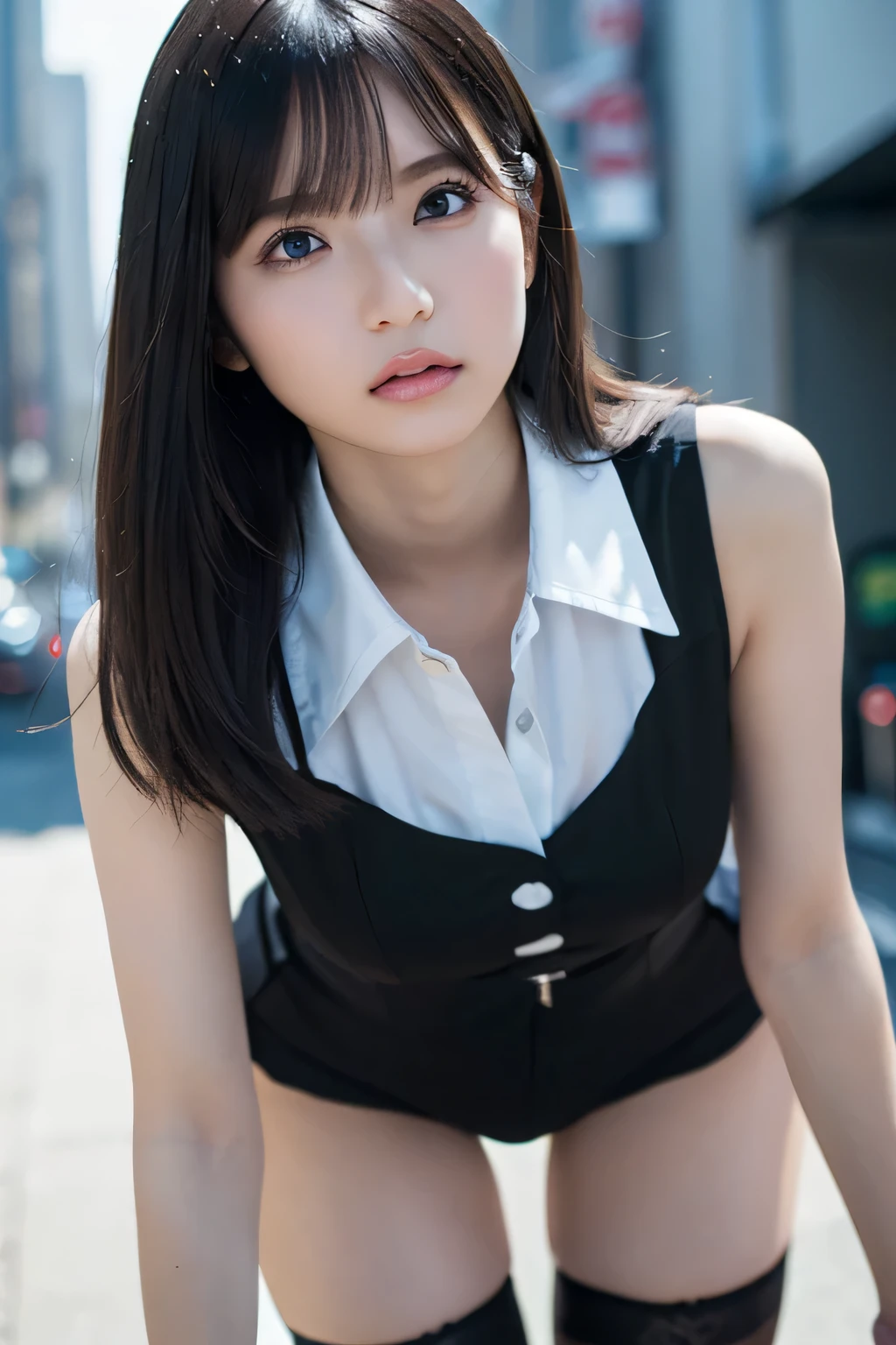 (Masterpiece), best quality, highest quality, very detailed CG uniform 8k wallpaper, detailed and complex, original, high resolution, \\ (16 years old), very detailed _ eyes, nails, , , cleavage, (eyeliner: 0.5), (blush: 0.5), brunette, hair pulled back, folded hair tie, simple diamond earrings, delicate skin, looking at the audience, solo, (:1.3), wet lips, \\ office lady, white shirt, Striped miniskirt, (black pantyhose: 1.1), black stiletto heels, LV bag, (: 1.3), standing, perfect , pov, \\ outdoor, city roads, \\ (depth of field: 1.5), royal sister: 0.3, realism: 1.3, (ambient light: 1), (film composition: 1.3), (neon: 0.1), (HDR: 0.1), accent lighting, side light, (pantyshot: 1), fisheye lens, from below, full Shot, full body shot, vista