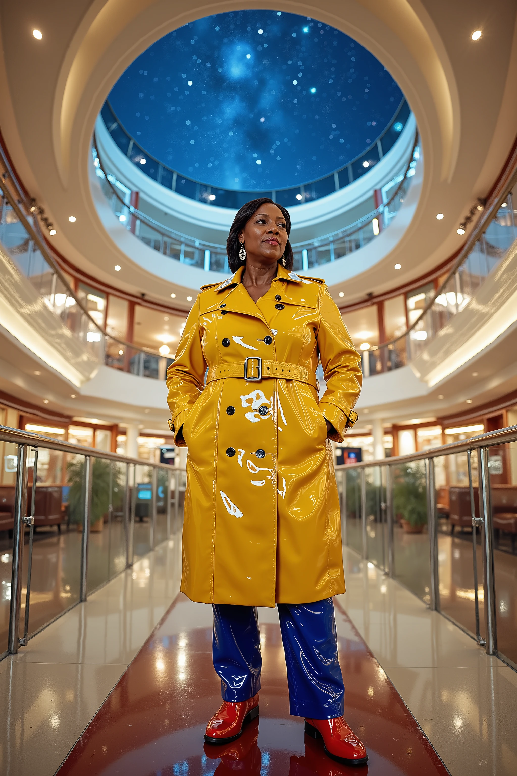 a wide angle scene of a 59 year old black woman weighing 300 pounds wearing a bright yellow and silver shiny vinyl trench coat, she wears blue rubber polished pants and red polished boots, she stands inside the atrium of a cruise ship, a panoramic dome shows the night sky in the atriums ceiling