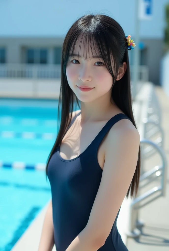 Tabletop, Highest quality, one girl, (Beautiful girl, cute:1.3), (15 years old:1.3), Very fine grain definition, (Symmetrical eyes:1.3), Browsing Caution、masterpiece、(Fox ears)、(Navy blue school  for junior high school students:1.3)、Shining 、1 Japanese girl、Adorable expression、Expressions of Happiness、14 years old、Young Face、かなりcute、Black Hair、Scrunchie、light makeup、A big  that seems to burst、mansuji、This photo was taken at the junior high school pool..、Shining thighiddle school student pose、 arms、smile、An inviting gaze、Cowboy Shot