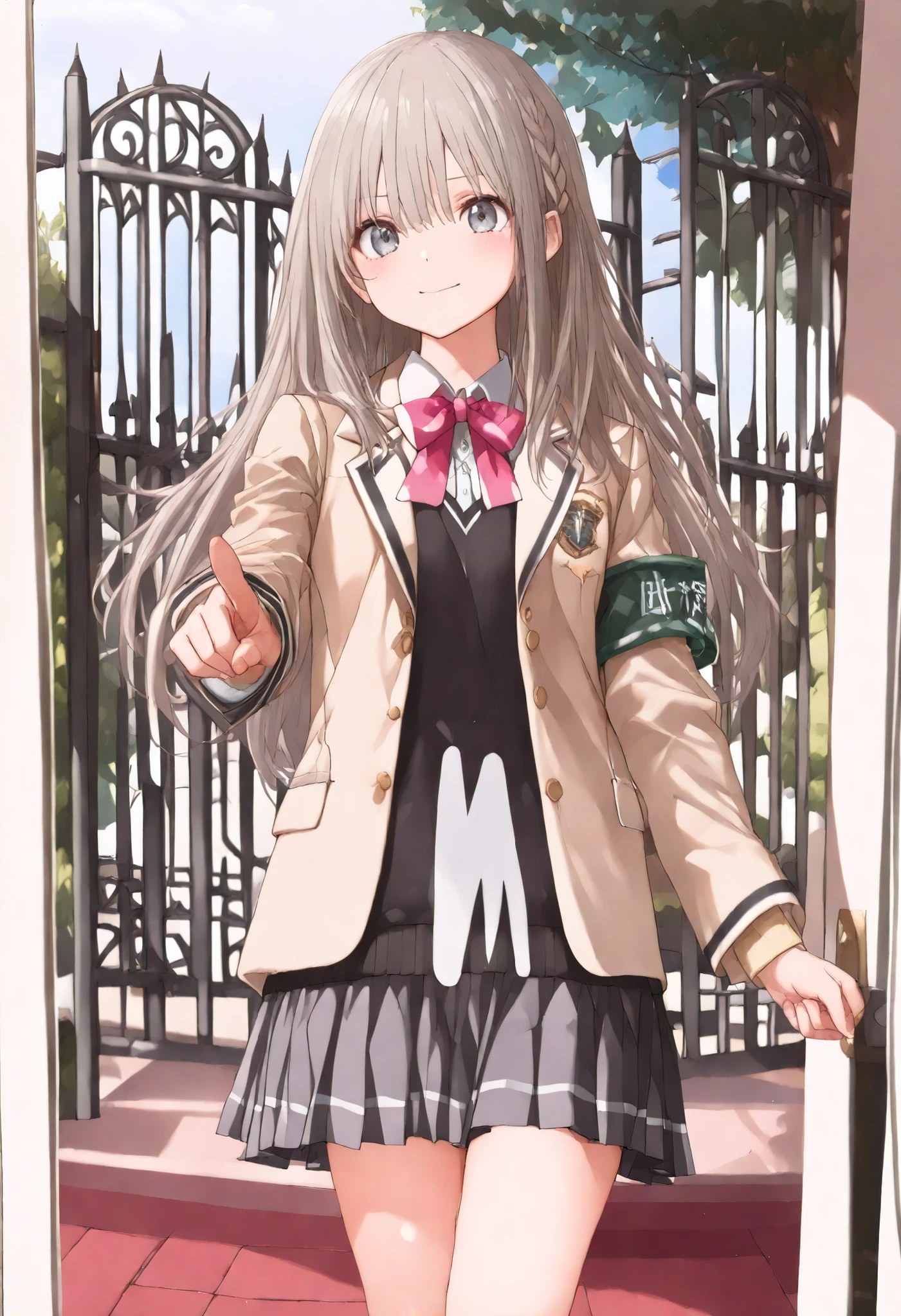 (((((High school front gate))))),High Pressure Girl,((Nio-Ryu)),(((Chairman of the Discipline Committee's armband))),cowboy shot,Approximately 150 cm,charismatic presence,Young face,high school, Surrounded by male students,Pointing and Instructions,4K High Resolution,High Dynamic Range,getting her hands in an anatomically correct shape,Extremely realistic digital illustration,shortcuts,disheveled hair,short braided hair,neat,Slender Beauty,Correct Attitude,small tits,beautiful legs,Her enchanting gray-blue eyes shine like stars,Saggy Eyes,Brilliant Colors,beautiful eyes,A delicate smile,textured skin on a mirror placed on the floor,Best Quality,gentle and beautiful woman,anime style、Details of making her legs anatomically correct,Deep color ,Dramatic Lighting,Precise Textures,Girl undergoing high-pressure training, Disciplinary Committee Chairman's Armband, Approximately 150 cm, charismatic presence, pointing to students, 4K Realistic Illustration, Extremely Detailed, professional, Brilliant Colors, Delicate Light and Shadow, Central Person on the Disciplinary Committee, Strictly Instructs Students, Coercive action, Small but Strong Presence, Trying to solve school problems You
