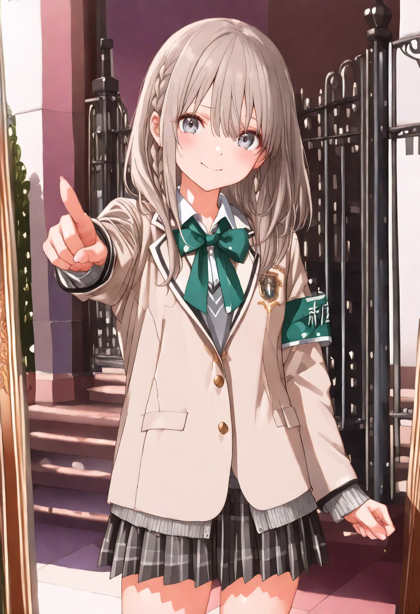 (((((High school front gate)))))，High Pressure Girl，((Nio-Ryu)),(((Chairman of the Discipline Committee's armband)))，cowboy shot，Approximately 150 cm,charismatic presence,Young face，high school， Surrounded by male students,Pointing and Instructions,4K High Resolution,High Dynamic Range,getting her hands in an anatomically correct shape，Extremely realistic digital illustration，shortcuts，disheveled hair，short braided hair，neat，Slender Beauty，Correct Attitude，small tits，beautiful legs，Her enchanting gray-blue eyes shine like stars，Saggy Eyes，Brilliant Colors,beautiful eyes,A delicate smile,textured skin on a mirror placed on the floor,Best Quality,gentle and beautiful woman,anime style､Details of making her legs anatomically correct,Deep color ,Dramatic Lighting,Precise Textures，Girl undergoing high-pressure training, Disciplinary Committee Chairman's Armband, Approximately 150 cm, charismatic presence, pointing to students, 4K Realistic Illustration, Extremely Detailed, professional, Brilliant Colors, Delicate Light and Shadow, Central Person on the Disciplinary Committee, Strictly Instructs Students, Coercive action, Small but Strong Presence, Trying to solve school problems You
