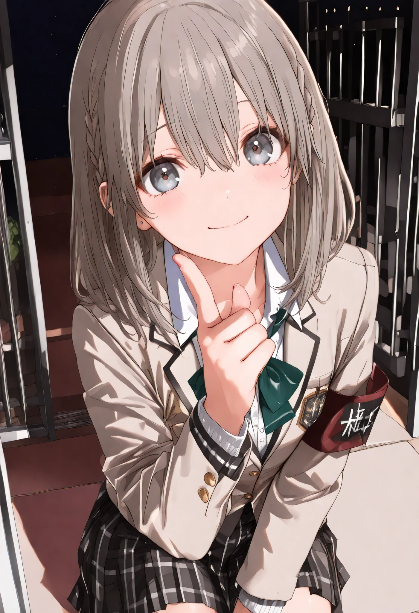 (((((High school front gate))))),High Pressure Girl,((Nio-Ryu)),(((Chairman of the Discipline Committee's armband))),cowboy shot,Approximately 150 cm,charismatic presence,Young face,high school, Surrounded by male students,Pointing and Instructions,4K High Resolution,High Dynamic Range,getting her hands in an anatomically correct shape,Extremely realistic digital illustration,shortcuts,disheveled hair,short braided hair,neat,Slender Beauty,Correct Attitude,small tits,beautiful legs,Her enchanting gray-blue eyes shine like stars,Saggy Eyes,Brilliant Colors,beautiful eyes,A delicate smile,textured skin on a mirror placed on the floor,Best Quality,gentle and beautiful woman,anime style、Details of making her legs anatomically correct,Deep color ,Dramatic Lighting,Precise Textures,Girl undergoing high-pressure training, Disciplinary Committee Chairman's Armband, Approximately 150 cm, charismatic presence, pointing to students, 4K Realistic Illustration, Extremely Detailed, professional, Brilliant Colors, Delicate Light and Shadow, Central Person on the Disciplinary Committee, Strictly Instructs Students, Coercive action, Small but Strong Presence, Trying to solve school problems You