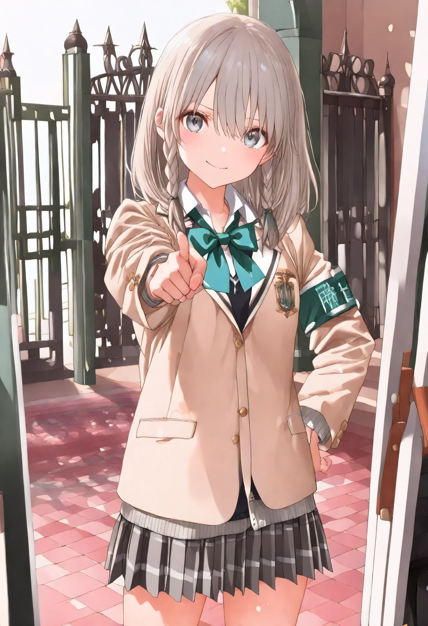 (((((High school front gate))))),High Pressure Girl,((Nio-Ryu)),(((Chairman of the Discipline Committee's armband))),cowboy shot,Approximately 150 cm,charismatic presence,Young face,high school, Surrounded by male students,Pointing and Instructions,4K High Resolution,High Dynamic Range,getting her hands in an anatomically correct shape,Extremely realistic digital illustration,shortcuts,disheveled hair,short braided hair,neat,Slender Beauty,Correct Attitude,small tits,beautiful legs,Her enchanting gray-blue eyes shine like stars,Saggy Eyes,Brilliant Colors,beautiful eyes,A delicate smile,textured skin on a mirror placed on the floor,Best Quality,gentle and beautiful woman,anime style、Details of making her legs anatomically correct,Deep color ,Dramatic Lighting,Precise Textures,Girl undergoing high-pressure training, Disciplinary Committee Chairman's Armband, Approximately 150 cm, charismatic presence, pointing to students, 4K Realistic Illustration, Extremely Detailed, professional, Brilliant Colors, Delicate Light and Shadow, Central Person on the Disciplinary Committee, Strictly Instructs Students, Coercive action, Small but Strong Presence, Trying to solve school problems You