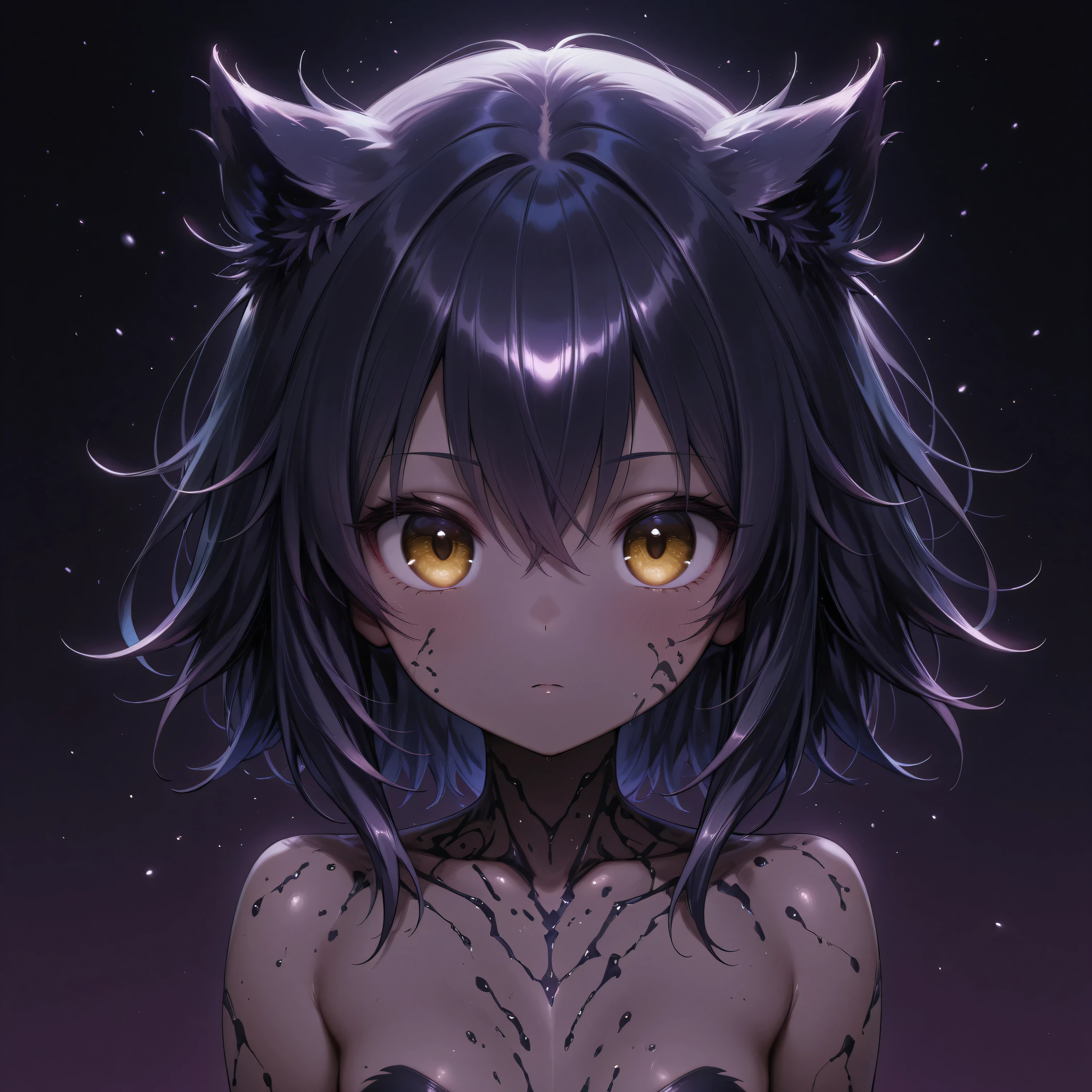 petite girl, (dark purple,short,Feathery hair), big golden eyes, slender body