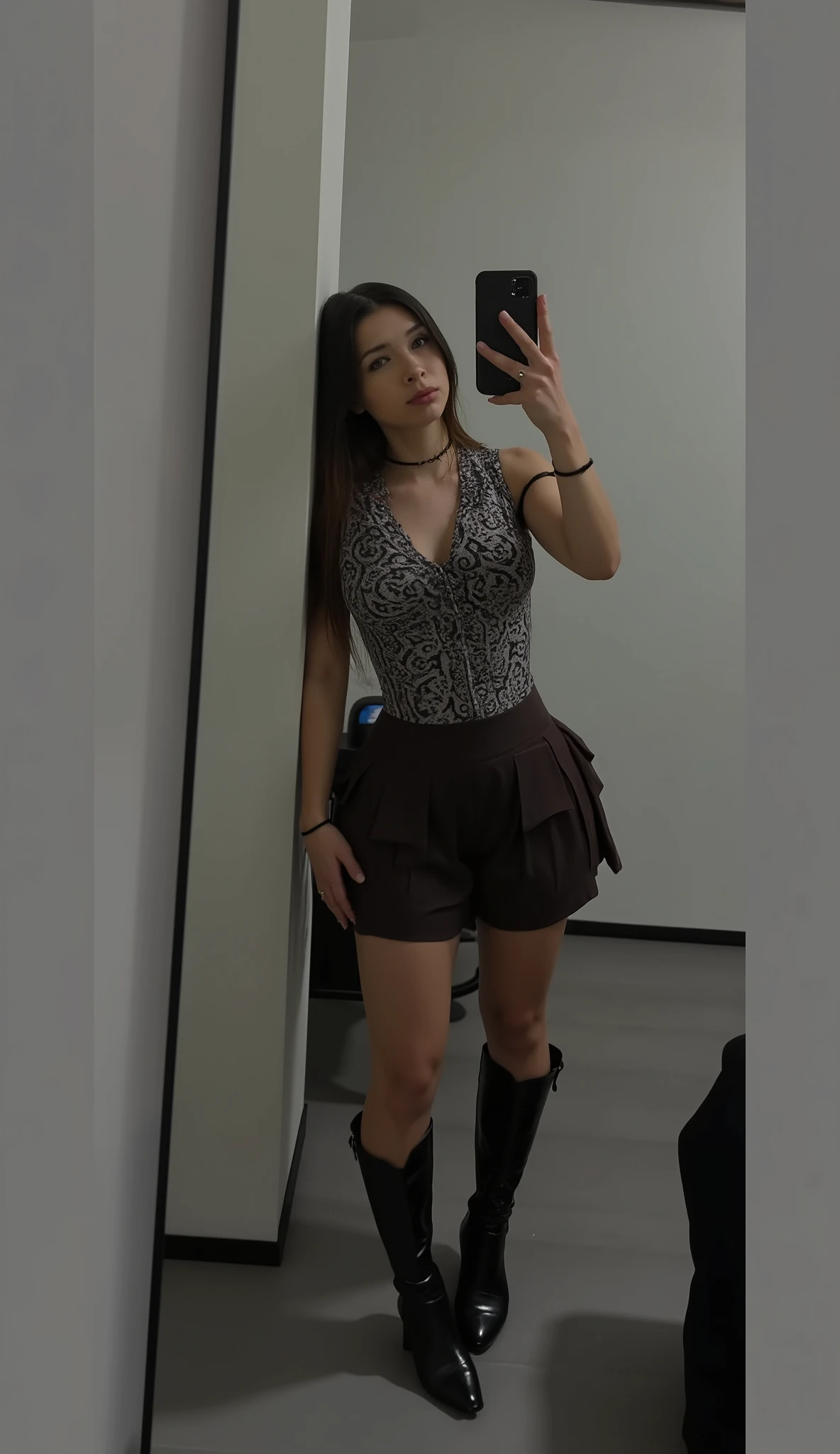 Beautiful woman with fantasy red hair, green eyes, big breasts, very athletic waist and big hips, leaning against the wall taking a picture wearing a very sensual cowgirl dress, image quality 8k interior studio light in bedroom room in front of a large full-length mirror