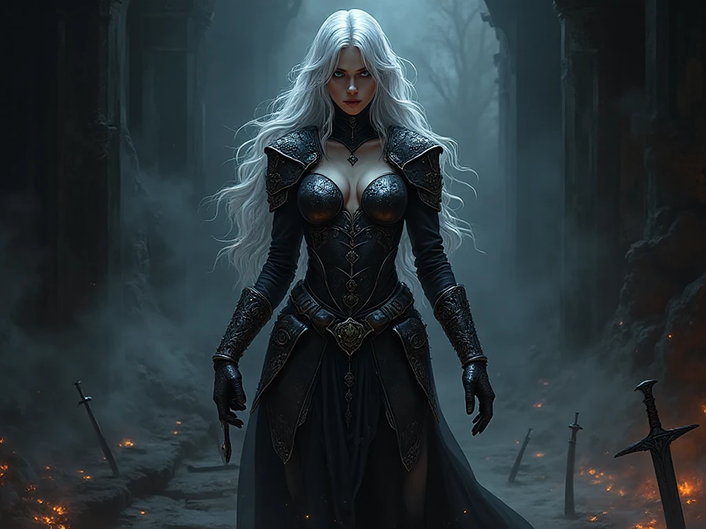 A dark fantasy D&D-style illustration of a female blood mage, standing amid shadows and arcane mist. She wears a res, sexy armor,no armo,  that is form-fitting and revealing all her body — elegant rather than crude, forged from obsidian and silver runes that glow faintly. Her movements exude both danger and allure, her posture confident and seductive like a predator in silk and steel. Her long silver hair flows like midnight, framing pale skin and eyes lit by cold magic. Around her, broken blades and faint embers drift in the dark air. her is sexy, semi-nude. very sexu hot, anal penetration, cum inside
