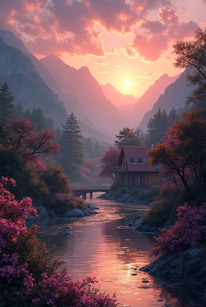 A small village by the river, mountains in the background, colorful pink flowers, detailed landscapes, beautiful landscapes, atmospheric lighting, a scorching sunset, warm colors, practical photography, detailed leaves, intricate buildings, a cobbled street, a charming country house, bright, swirling colors, thick plants, beautiful, perfect water reflections, a work of art, the best quality, 8k, highly detailed, anime style Gaming YouTube channel profile picture The name of the channel playpower