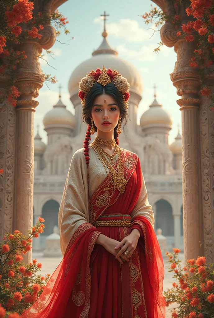 Rhea Chakraborty plays a beautiful 14-year-old woman, She is wearing a gorgeous red shalwaar kameez and hijab, Eye mascara, eye shadow, Long eyelashes, Gold Jewelry , not very large Breasts, Stand in the palace, Upper Body, Front view, Big Plans, Pubic hair is visible and she's holding my hand, looking in my eyes and she's the cutest girl in world