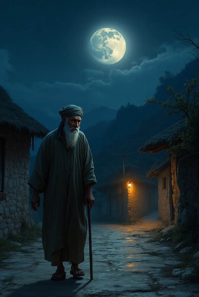 A 77-year-old Muslim man walks at night in a village