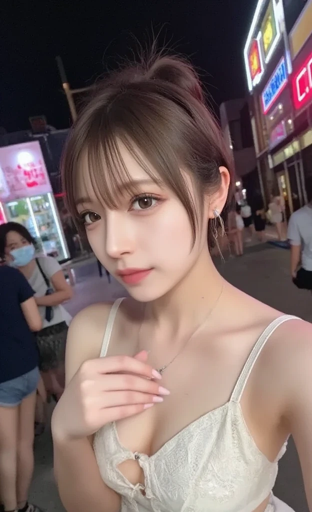 finely detail, hight resolution, hightquality、Perfect dynamic composition, Beautiful detailed eyes, Medium Hair,Natural Color Lip,Kamimei、Shibuya、20 years girl、1 persons、Transparent skin、Glowing hair、masutepiece, Best Quality, Illustration, Ultra-detailed, finely detail, hight resolution, 8K、The correct state of the human body、randome pose、Gravure Model Pose，Hair soaring in the wind、?????????,length hair,Big ????，gigantic cleavage ???????, Bold ???? poses,Colossal ????、up of face