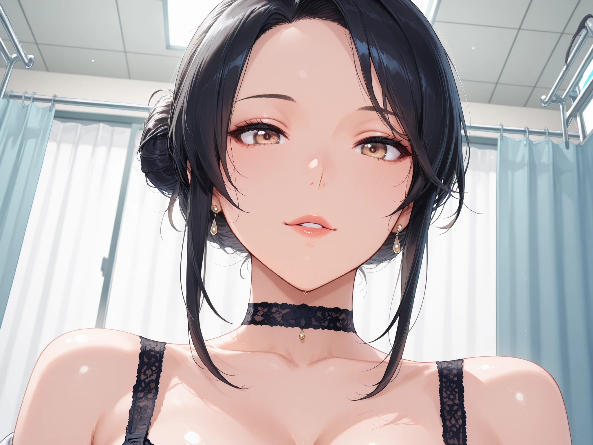 masterpiece,best quality, official art, extremely detailed CG unity 8k wallpaper, ((top quality, 8k, masterpiece: 1.3, ultra hd, high quality, best quality, high definition, ((realism)), sharp focus: 1.5,（Very detailed CG unity 8K wallpaper), Dark Cinematic Lighting, cinematic lighting, sooahdef \(Secret Class\), ??????????????, fair skin,???? bra), Looking at the viewer, room background, The best quality, black hair, sweaty body, blue eyes,upper body, cleavage, collarbone, 3:4, pov eye contact, embarrassed, shy, blushing