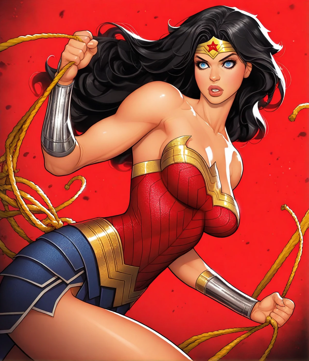 Real life wonder woman with large ?????? wearing headband and hand wraps, wonder wonder costume posing, ???? gal gadot, (holding a magical feather duster:1.3)