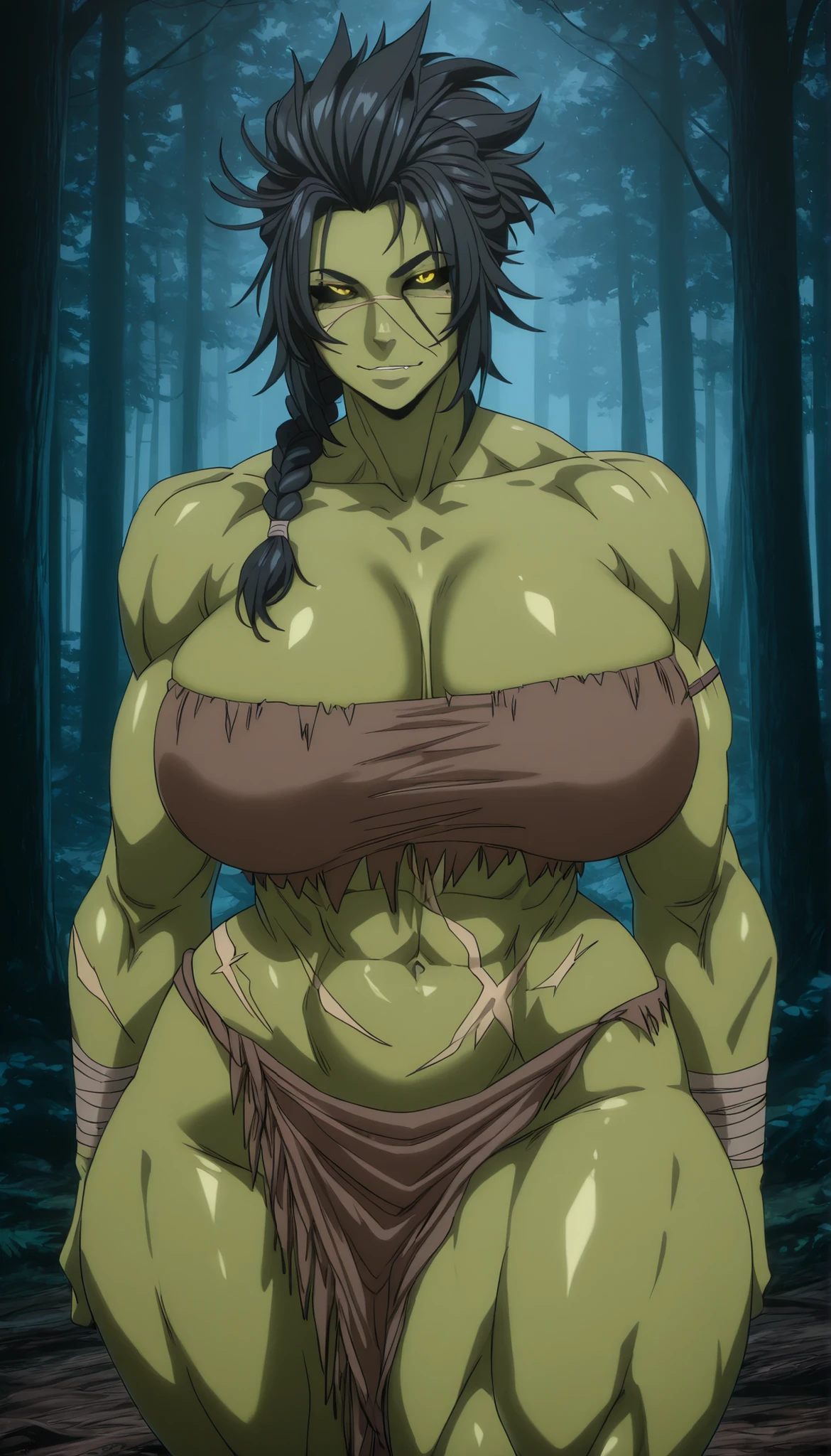 Orc female, short hair, black hair, spiky hair, hair up, short hair, low braid, scar on belly, combed hair, yellow eyes, green skin, flat coloring, 2d coloring, muscular body, glowing pupils, black sclera, large breasts, highly detailed, detailed eyes, tribal troop, seductive look, forest, thick muscular thighs, wide curvy hips, voluptuous body, Curvy body, thicc woman, side view 