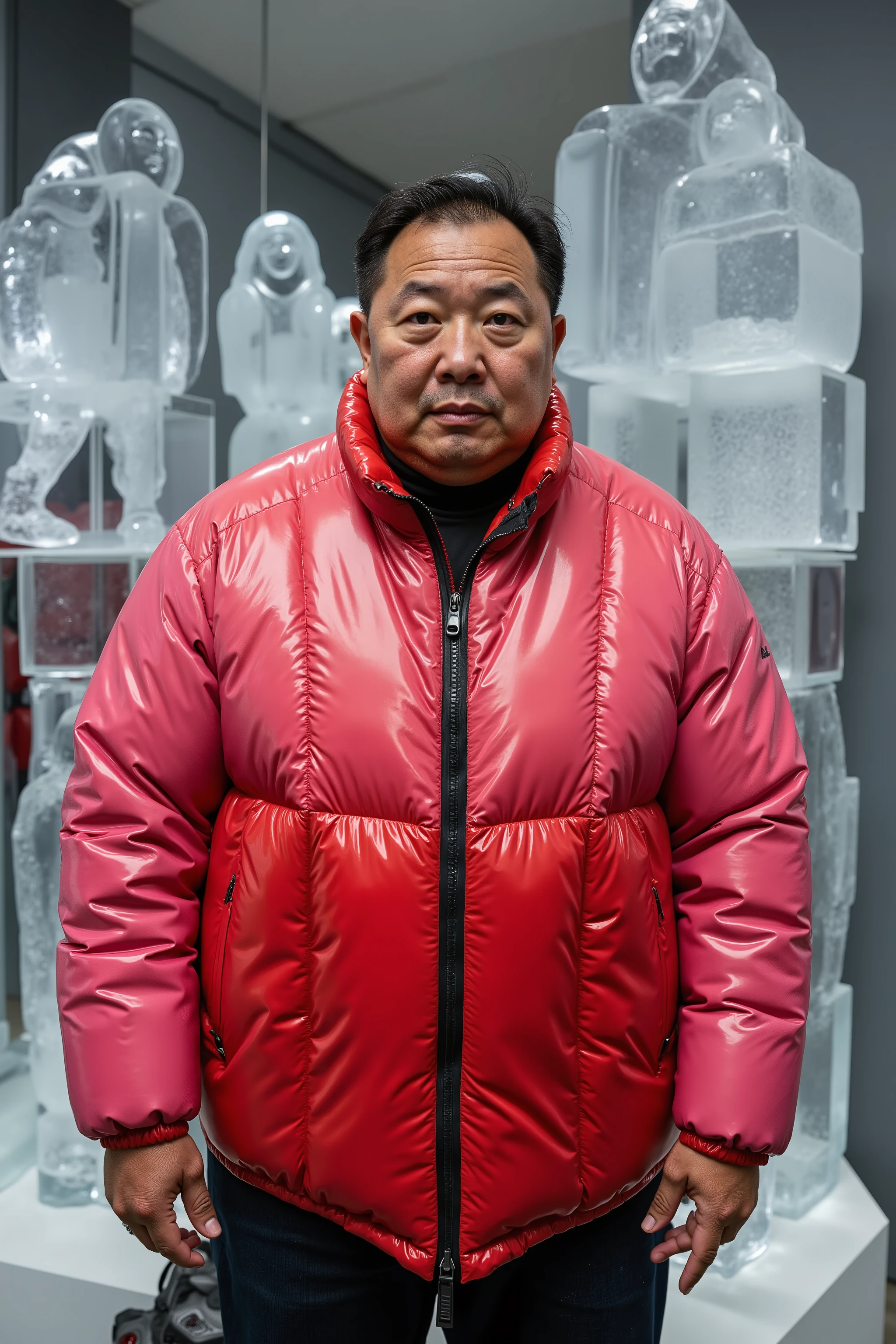 A 45 year old fat Asian ugly man with wrinkled skin and extreme obesity wears a Colmar1260 jacket that is pink and red with diamond quilting, he stands inside of a cold show room displaying ice sculptures of bondage items