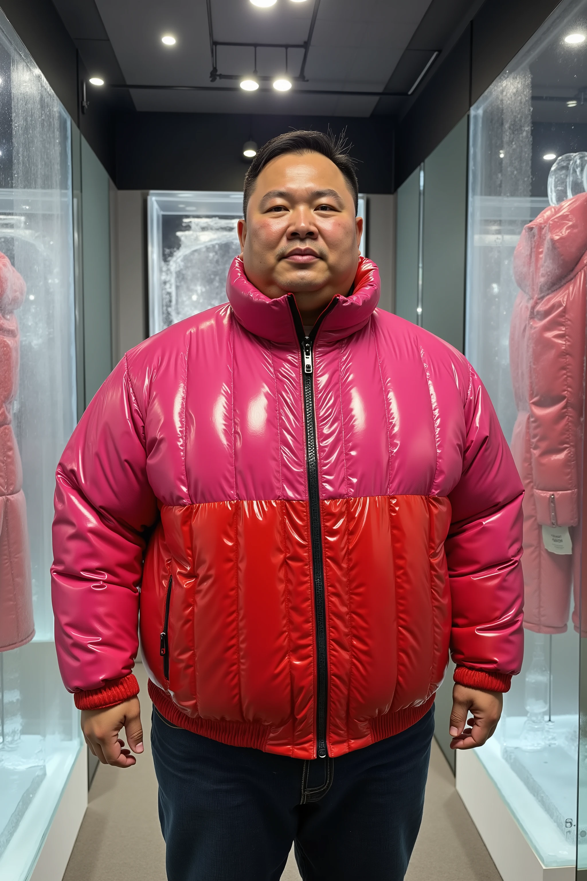 A 45 year old fat Asian ugly man with wrinkled skin and extreme obesity wears a Colmar1260 jacket that is pink and red with diamond quilting, he stands inside of a cold show room displaying ice sculptures of bondage items