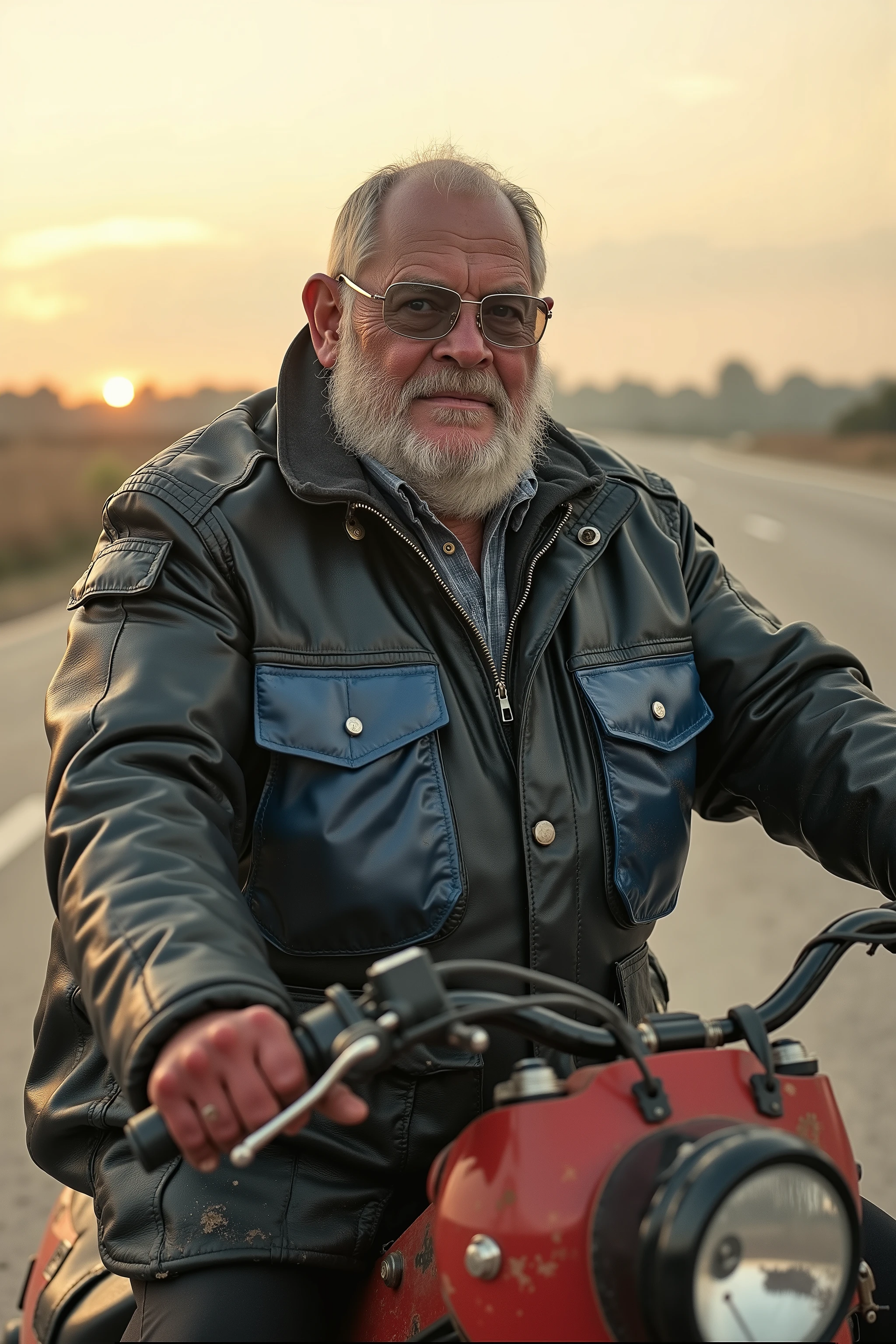 A 89 year old ugly fat black elderly man weighing 700 pounds with a massive belly and arms sits in riding position with his hands on the controls of a motorcycle that is red, he wears a brit1960smoto jacket that is heavy and has blue pockets on black leather jacket with brown wear and dirt stains, he wears black leather pants with brown dirt stains, he is on a highway, photographed from a chase car, sunset view