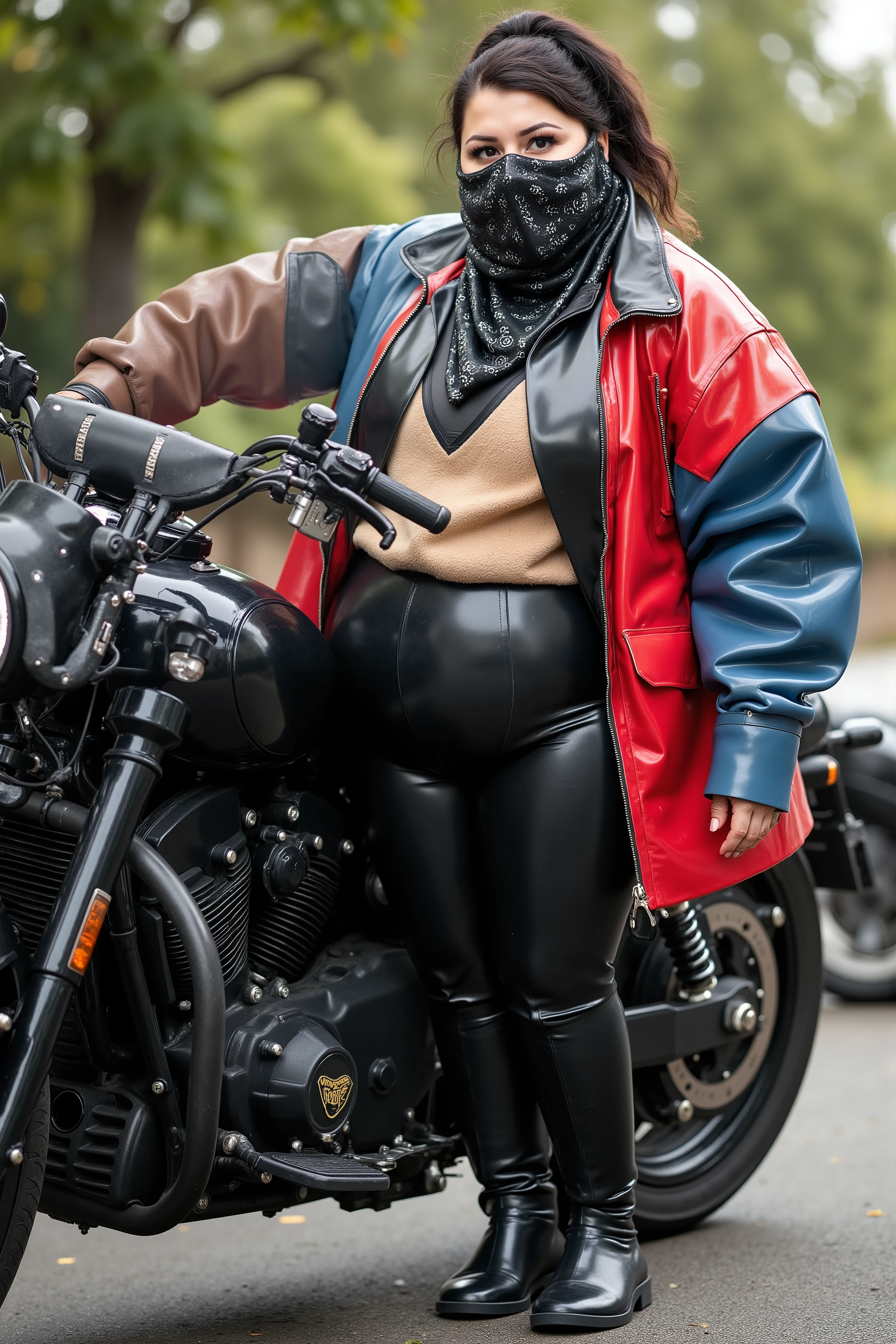 A breathtaking woman with a grotesquely obese elderly figure stands beside her large luxury motorbike just outside her house, poised and ready for the ride ahead. She exudes raw confidence and power, clad in a glossy open red and blue latex biker jacket that molds perfectly to her curves, paired with black latex pants that reflect the light with a sharp, seductive gleam. Beneath the jacket, a crisp light brown shiny rubber biker T-shirt adds a bold contrast, hinting at the fierce personality beneath the sleek exterior.
A large black square scarf made of vinyl polished, adorned with authentic classic bandana patterns, is folded into a triangular mask and wrapped snugly around the lower half of her FACE—concealing her nose, lips, chin, half portion of ears, and jaw—leaving only her captivating eyes visible. Her jet black hair is pulled back into a classic ponytail, neat and assertive.
On her left wrist, a sleek smart watch glows faintly, syncing effortlessly with her modern, high-octane look. Completing the ensemble, she wears a black latex golves and knee-high designer boots—luxurious, bold, and built for power.
Her smoldering eyes lock directly onto the camera, radiating intensity and allure. In that single gaze, she tells a story of independence, strength, and untamed freedom.