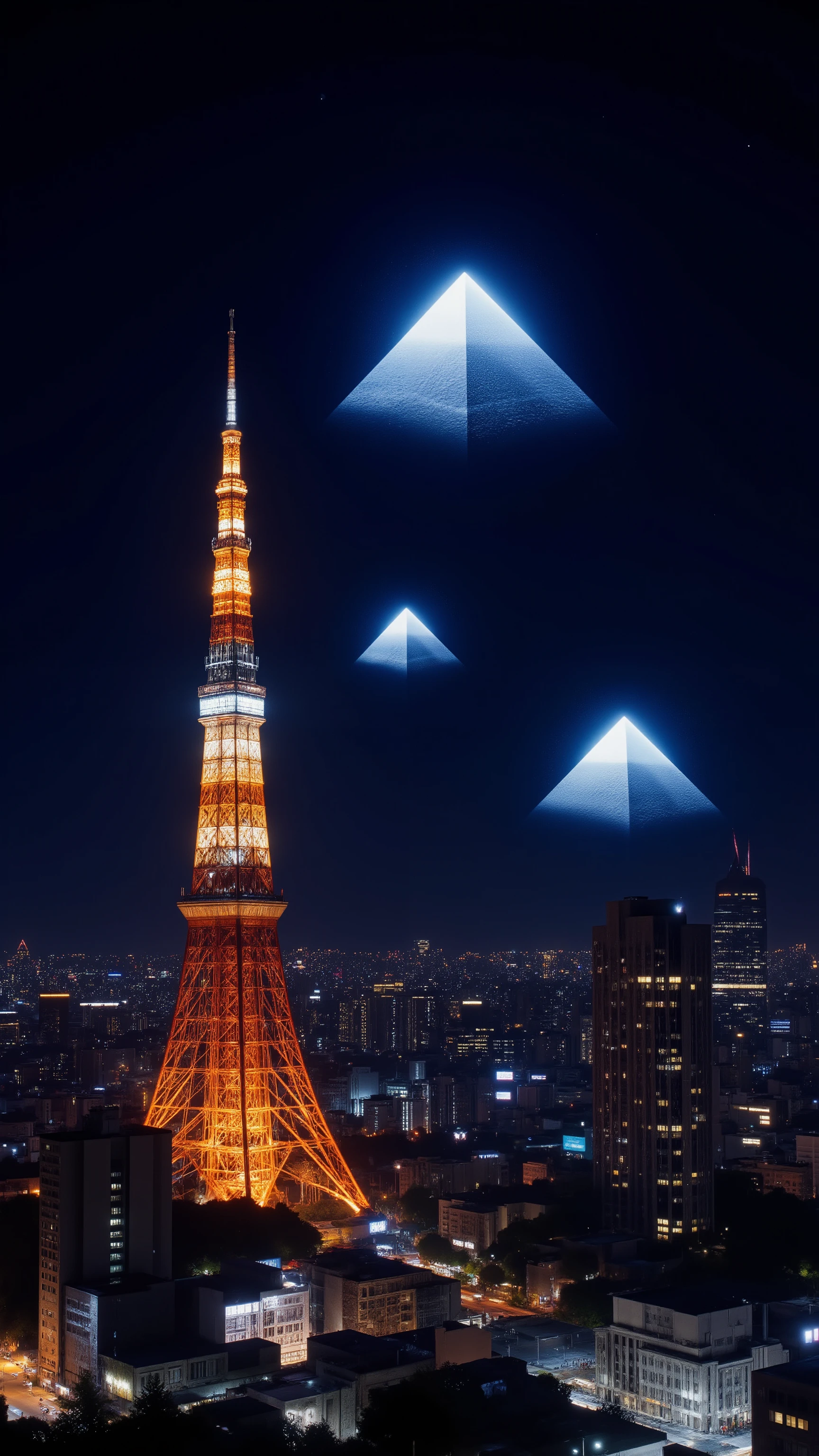 High-precision image、Lost in Translation next to Tokyo Tower at night、Pyramids are shining and floating in the sky、
