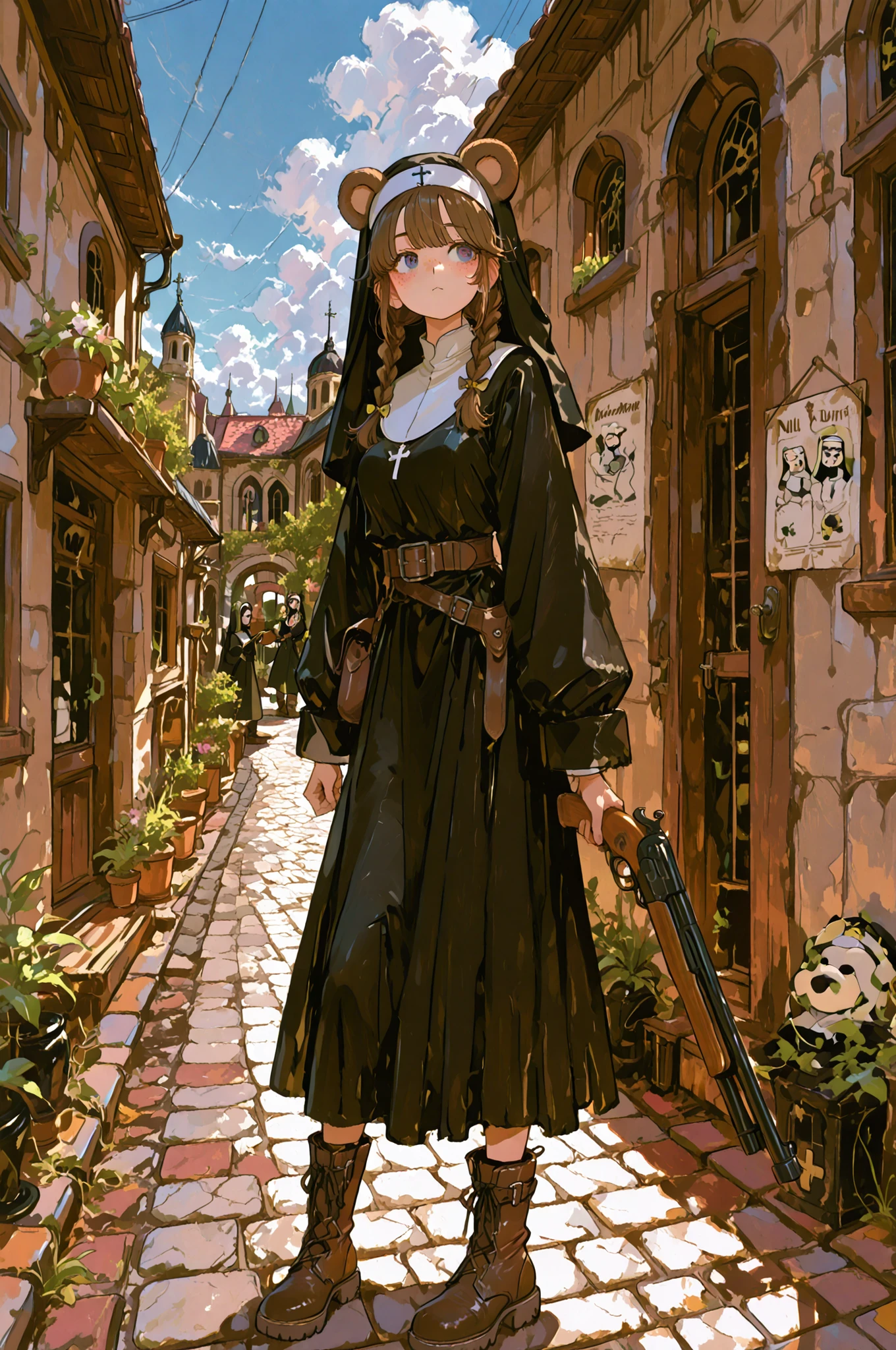 masterpiece、Highest Quality、Ultra High Definition、brown bear ears braids and freckles female 22 years old Black nun hat black dress nun white blouse lumbar belt leather high cut boots with a shotgun in hand standing with a triumphant expression place like a medieval city Square null cloud moon