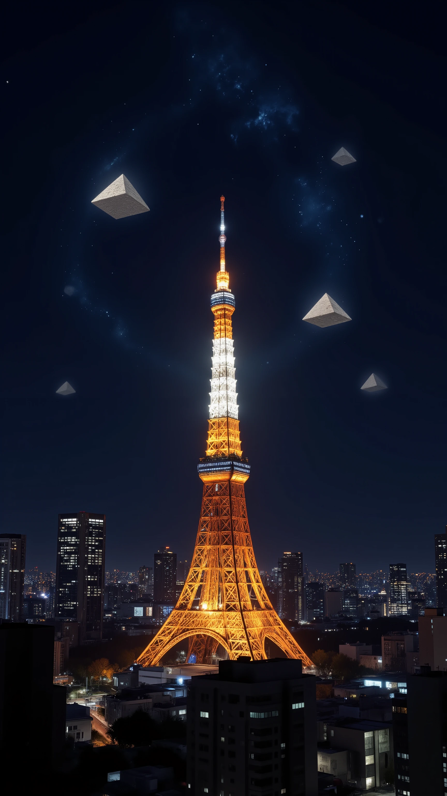 High-precision image、Lost in Translation next to Tokyo Tower at night、Pyramids are shining and floating in the sky、