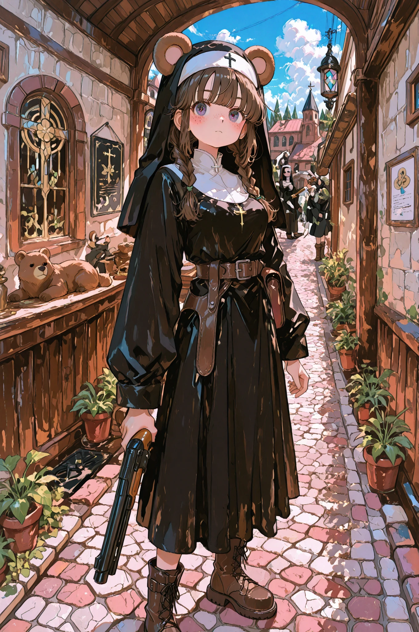 masterpiece、Highest Quality、Ultra High Definition、brown bear ears braids and freckles female 22 years old Black nun hat black dress nun white blouse lumbar belt leather high cut boots with a shotgun in hand standing with a triumphant expression Cobblestone Town Square null cloud moon