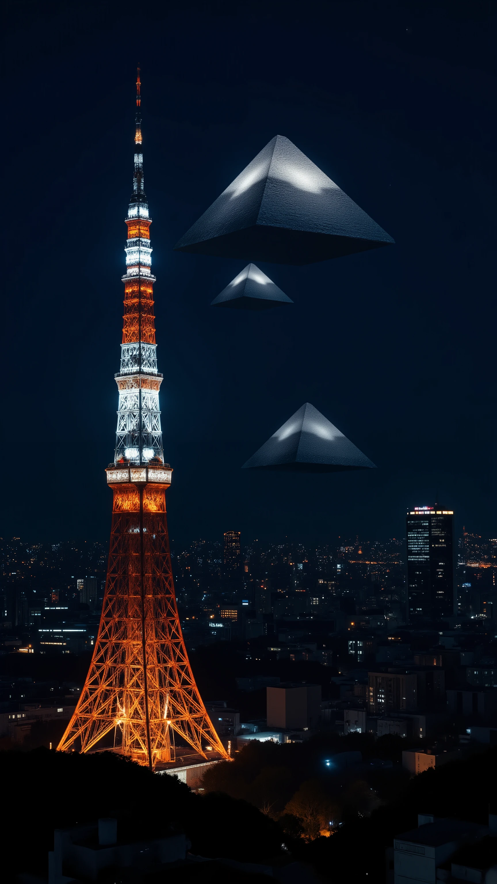 High-precision image、Lost in Translation next to Tokyo Tower at night、Pyramids are shining and floating in the sky、