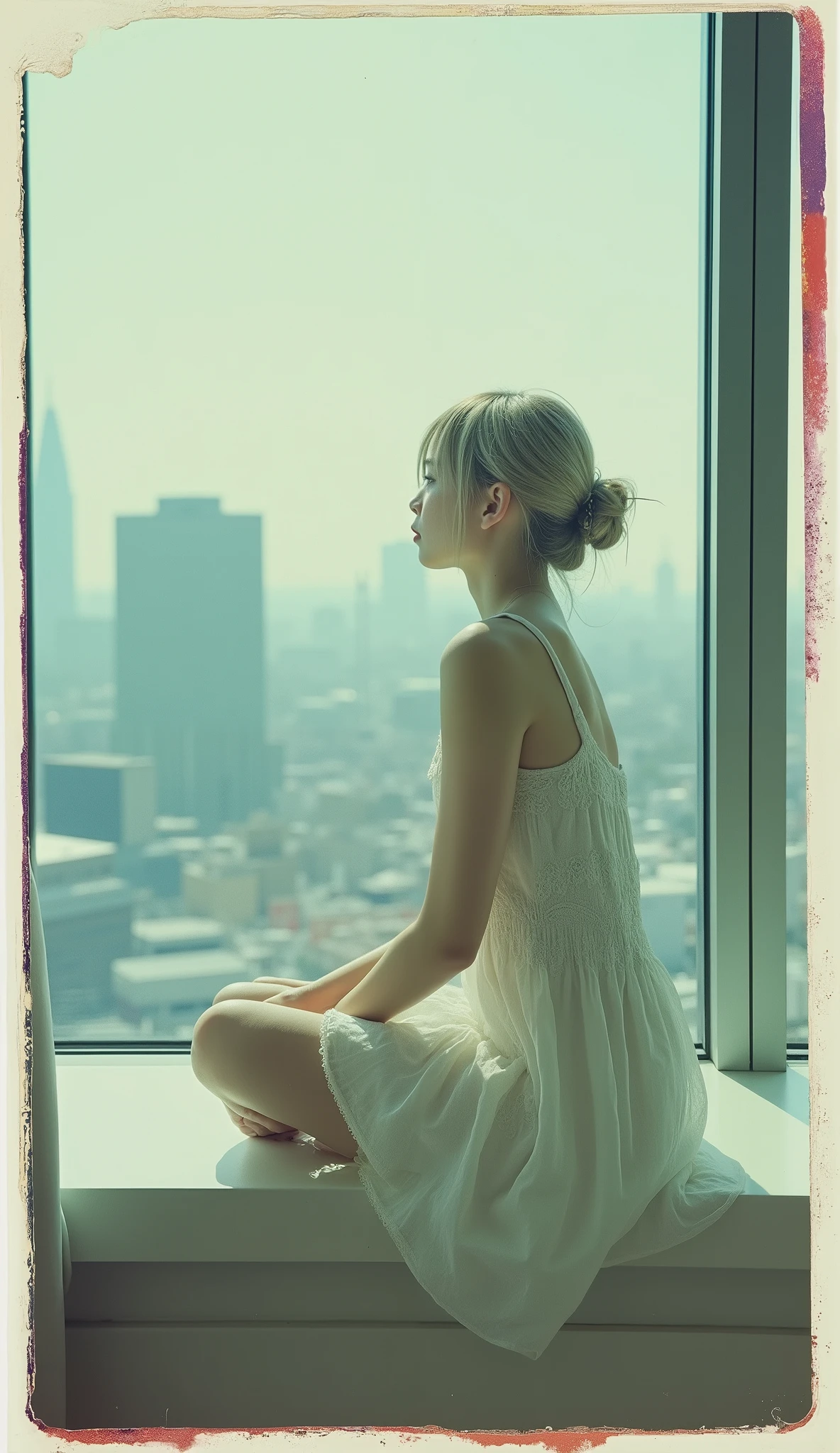 overlay: Polaroid photo borders, extreme long shot, side view, Faded colors. the movie: Lost in Translation, Directed by Sofia Coppola, at Tokyo in 2000.
In a room with large fixed sash window on the 60th floor of the hotel, Scrawny petite delicate thin 13yo pale silver hair girl in white simple thin dress, Sitting on the window frame holding her both knees, Overlooking Shibuya, no makeup, hair bun. during the blue moment, stunning light expression, signature "michelle" is subtly placed in the bottom left corner in red small calligraphy style text, hyper photorealism, Biologically correct images, innocence, neat and clean, Highest resolution, masterpiece.