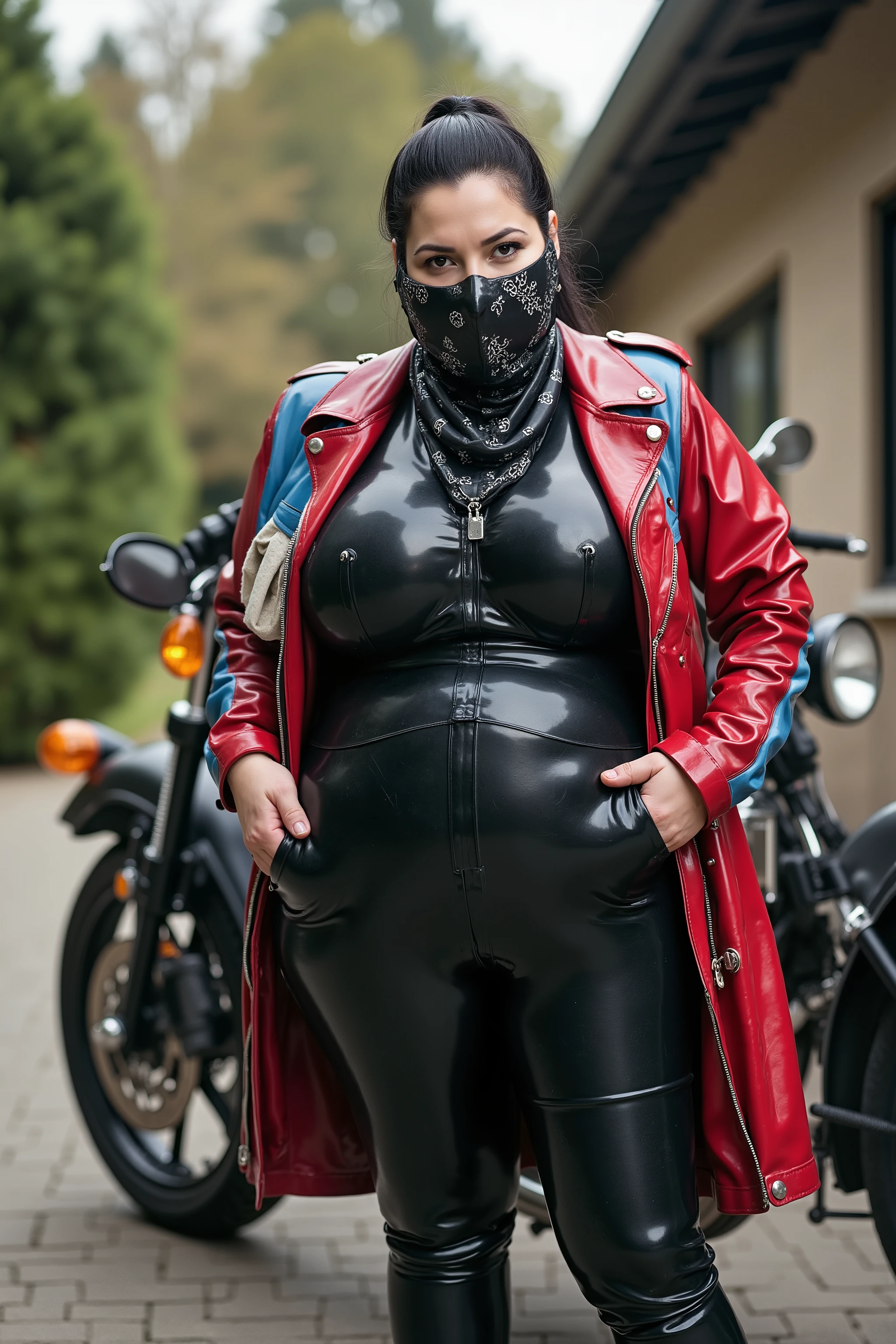 A breathtaking woman with a grotesquely obese elderly figure stands beside her large luxury motorbike just outside her house, poised and ready for the ride ahead. She exudes raw confidence and power, clad in a glossy open red and blue latex biker jacket that molds perfectly to her curves, paired with black latex pants that reflect the light with a sharp, seductive gleam. Beneath the jacket, a crisp light brown shiny rubber biker T-shirt adds a bold contrast, hinting at the fierce personality beneath the sleek exterior.
A large black square scarf made of vinyl polished, adorned with authentic classic bandana patterns, is folded into a triangular mask and wrapped snugly around the lower half of her FACE—concealing her nose, lips, chin, half portion of ears, and jaw—leaving only her captivating eyes visible. Her jet black hair is pulled back into a classic ponytail, neat and assertive.
On her left wrist, a sleek smart watch glows faintly, syncing effortlessly with her modern, high-octane look. Completing the ensemble, she wears a black latex golves and knee-high designer boots—luxurious, bold, and built for power.
Her smoldering eyes lock directly onto the camera, radiating intensity and allure. In that single gaze, she tells a story of independence, strength, and untamed freedom.
