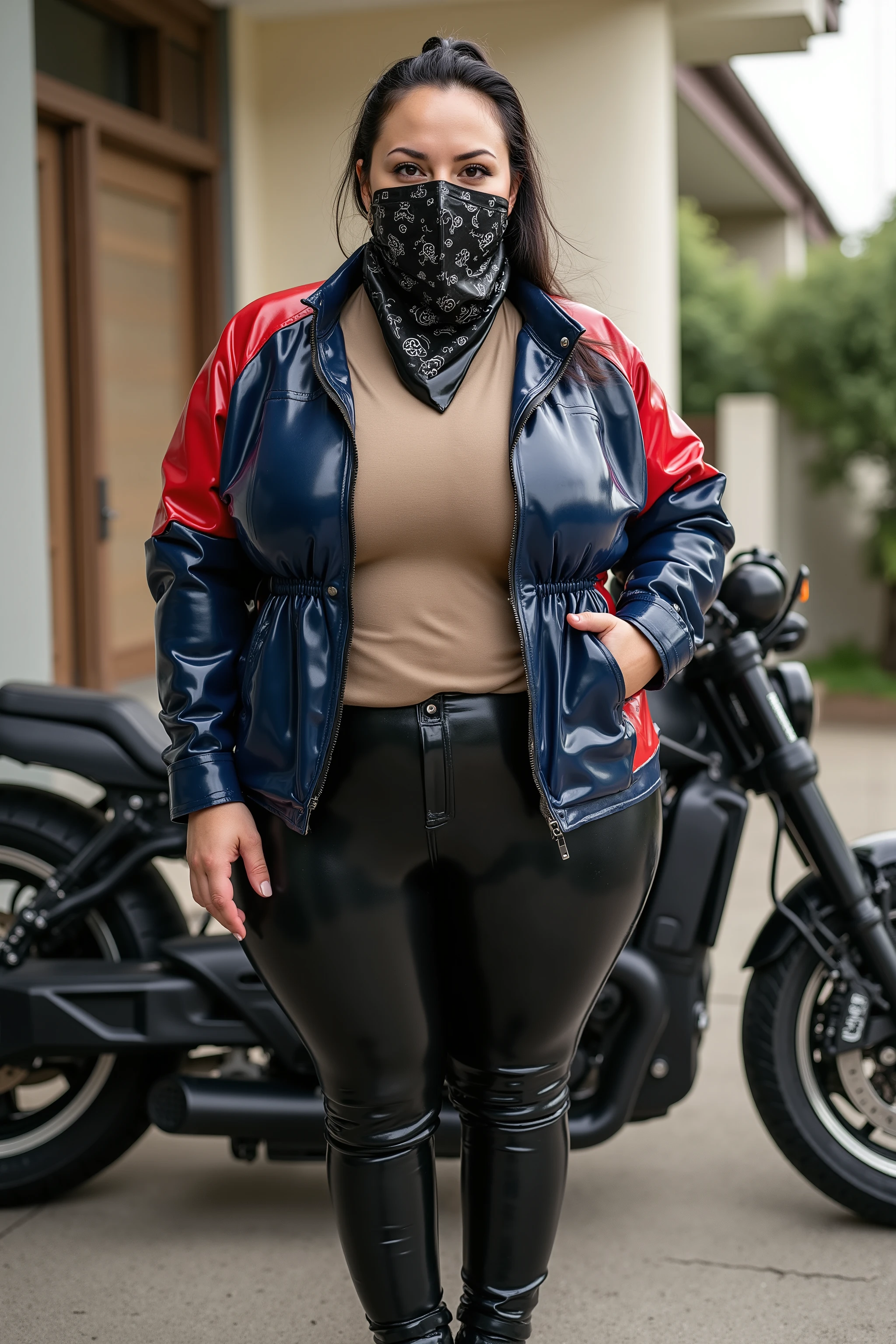 A breathtaking woman with a grotesquely obese elderly figure stands beside her large luxury motorbike just outside her house, poised and ready for the ride ahead. She exudes raw confidence and power, clad in a glossy open red and blue latex biker jacket that molds perfectly to her curves, paired with black latex pants that reflect the light with a sharp, seductive gleam. Beneath the jacket, a crisp light brown shiny rubber biker T-shirt adds a bold contrast, hinting at the fierce personality beneath the sleek exterior.
A large black square scarf made of vinyl polished, adorned with authentic classic bandana patterns, is folded into a triangular mask and wrapped snugly around the lower half of her FACE—concealing her nose, lips, chin, half portion of ears, and jaw—leaving only her captivating eyes visible. Her jet black hair is pulled back into a classic ponytail, neat and assertive.
On her left wrist, a sleek smart watch glows faintly, syncing effortlessly with her modern, high-octane look. Completing the ensemble, she wears a black latex golves and knee-high designer boots—luxurious, bold, and built for power.
Her smoldering eyes lock directly onto the camera, radiating intensity and allure. In that single gaze, she tells a story of independence, strength, and untamed freedom.