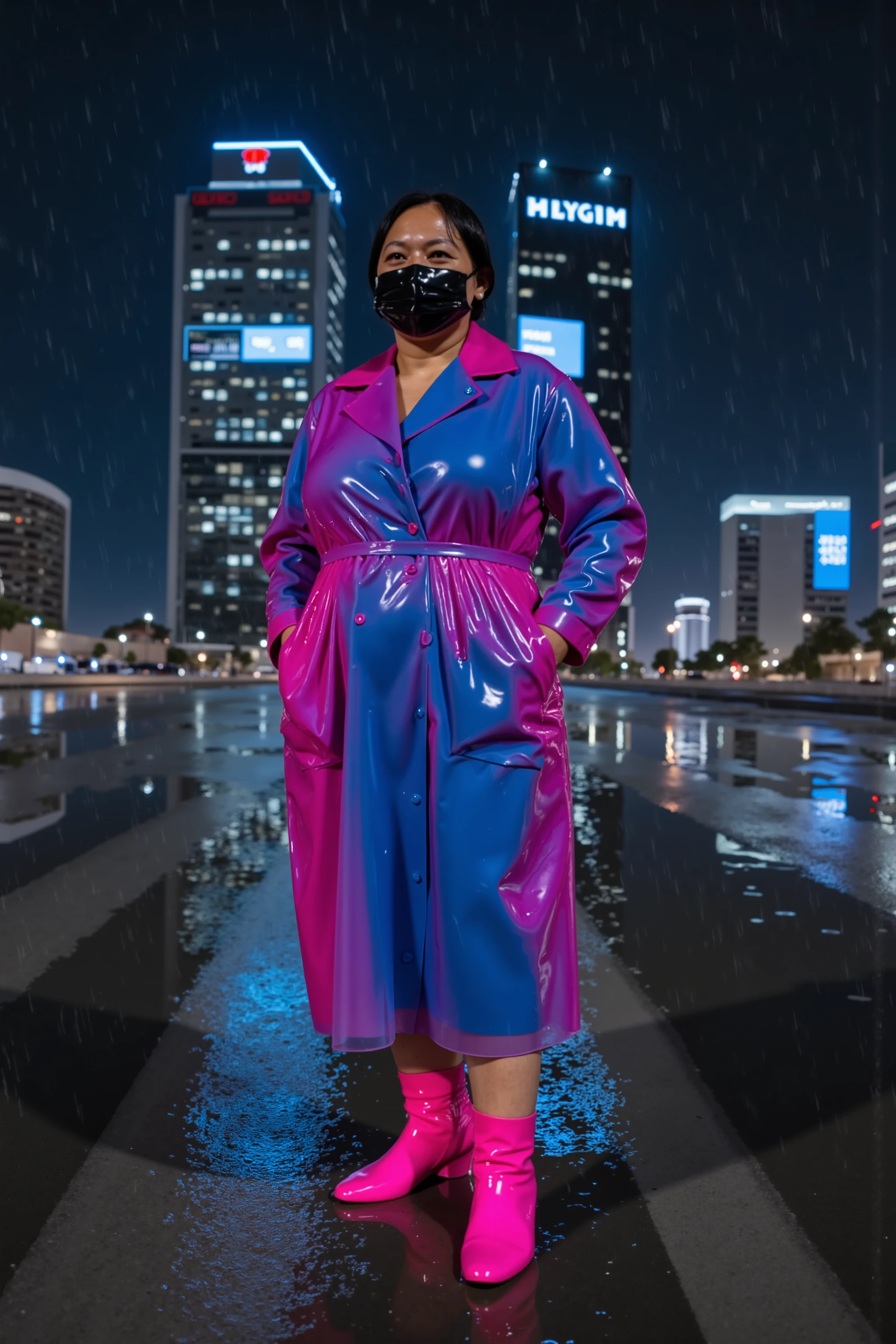 At night in a city with skyscrapers lit by holograms of Asian text marketing, a woman wears a shining neon pink and blue latex trench coat, the woman wears a shining polished black and pink latex surgical face mask, the woman wears glowing pink boots, it is lightly raining there are tiny droplets of water on her clothes and face, the woman is 70 years old frail Asian dark skinned and obese