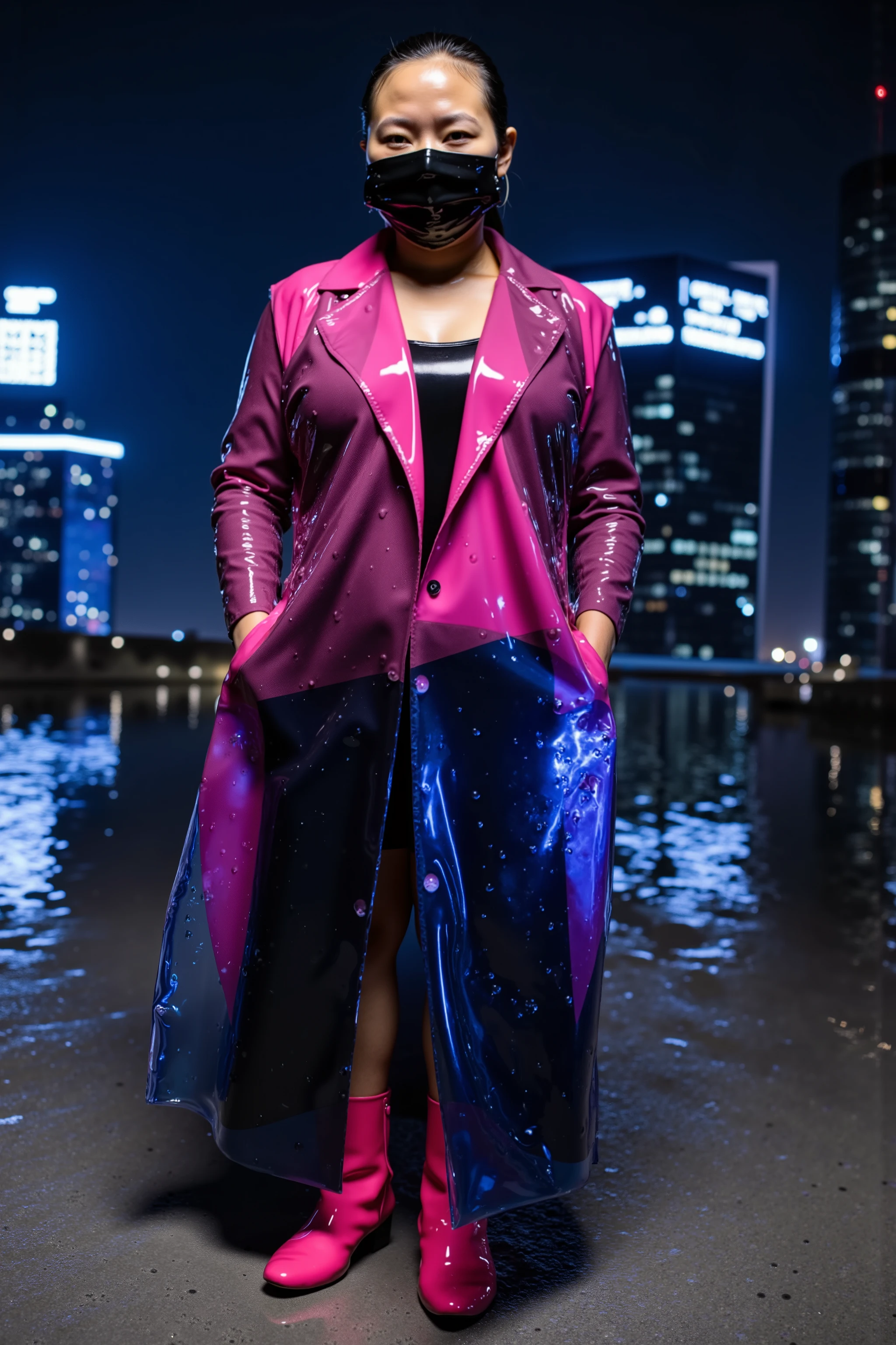 At night in a city with skyscrapers lit by holograms of Asian text marketing, a woman wears a shining neon pink and blue latex trench coat, the woman wears a shining polished black and pink latex surgical face mask, the woman wears glowing pink boots, it is lightly raining there are tiny droplets of water on her clothes and face, the woman is 70 years old frail Asian dark skinned and obese 