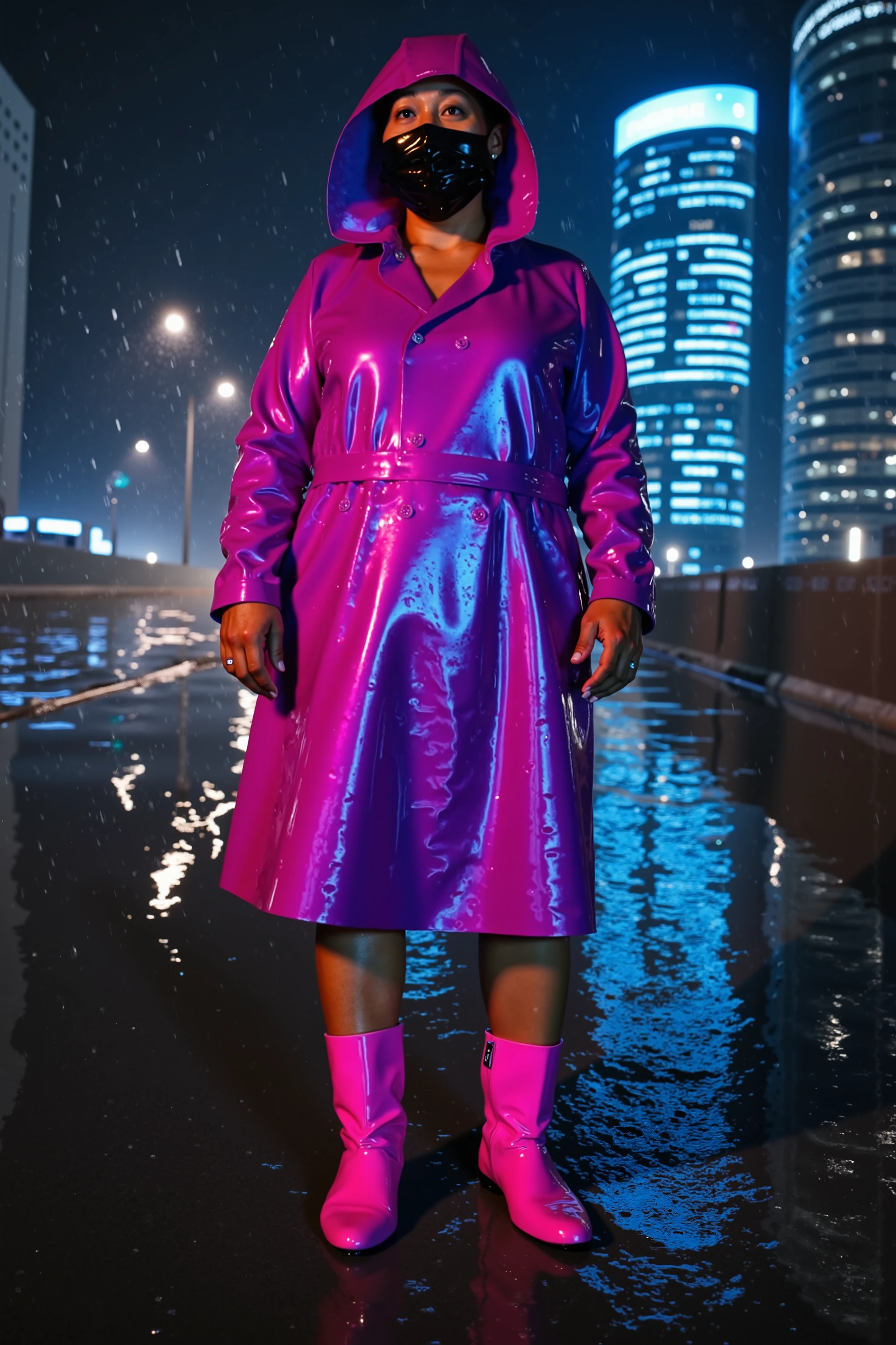 At night in a city with skyscrapers lit by holograms of Asian text marketing, a woman wears a shining neon pink and blue latex trench coat, the woman wears a shining polished black and pink latex surgical face mask, the woman wears glowing pink boots, it is lightly raining there are tiny droplets of water on her clothes and face, the woman is 70 years old frail Asian dark skinned and obese