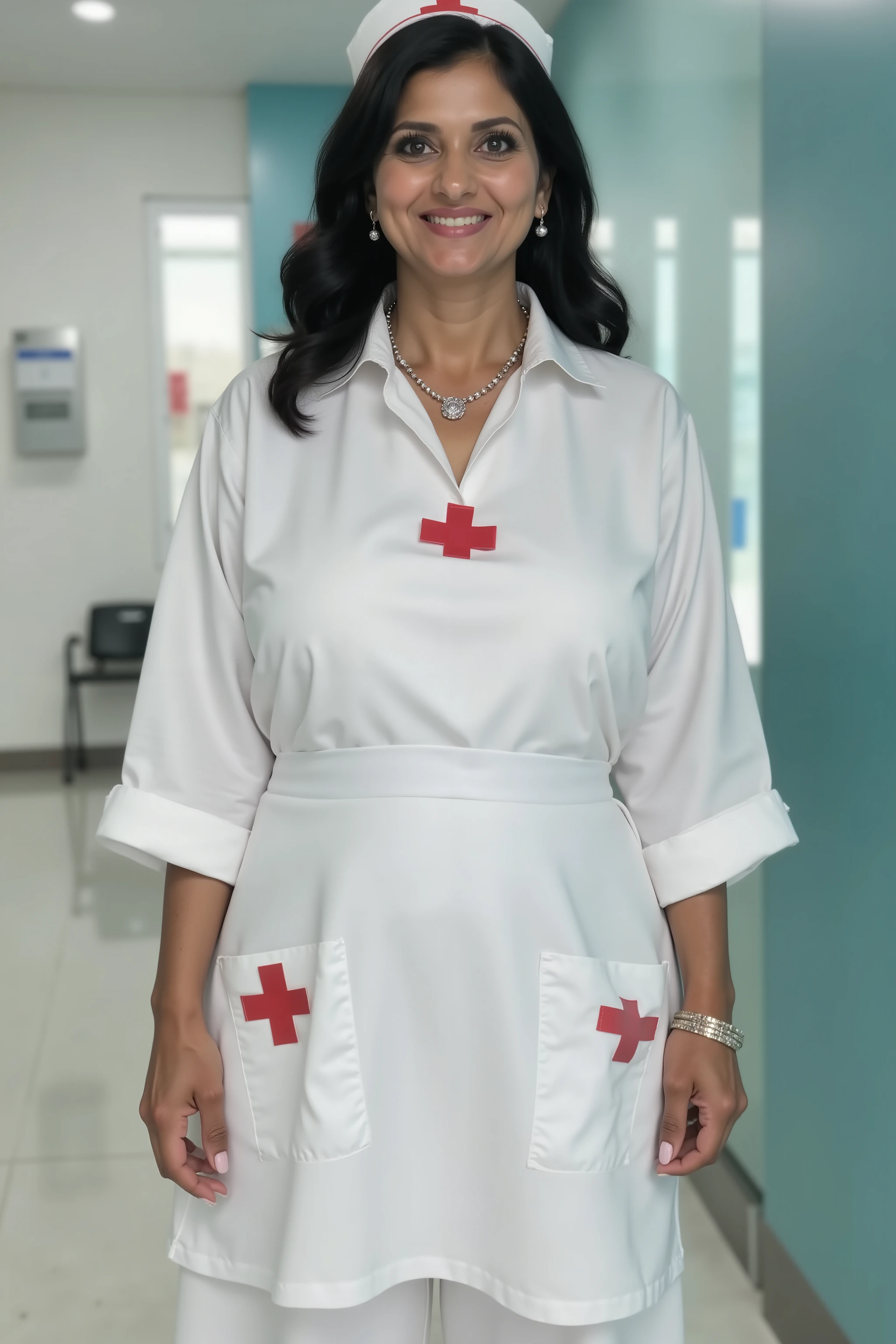 ((Best Quality)), ((Masterpiece)), (8K Ultra HD Photos), (Fully Perfect and Texture Body Details), (Oily Skin). (Realistic Skins Texture Photos) , A 40 Yrs Old ,Beautiful Indian Woman, Wearing White Shirt, Nurse Dress with Red Cross that is blue rubber , Earings, Jewellery set, Diamond Necklace, Design Hairstyles. Big and Huge Tight and Overflow Boobs, Perfect Two Hand, Long and Red Nails Polish and High Heels . Background Indoors Hospital Photoshoot . Standing Straight, Seeing Frontend, And Smile