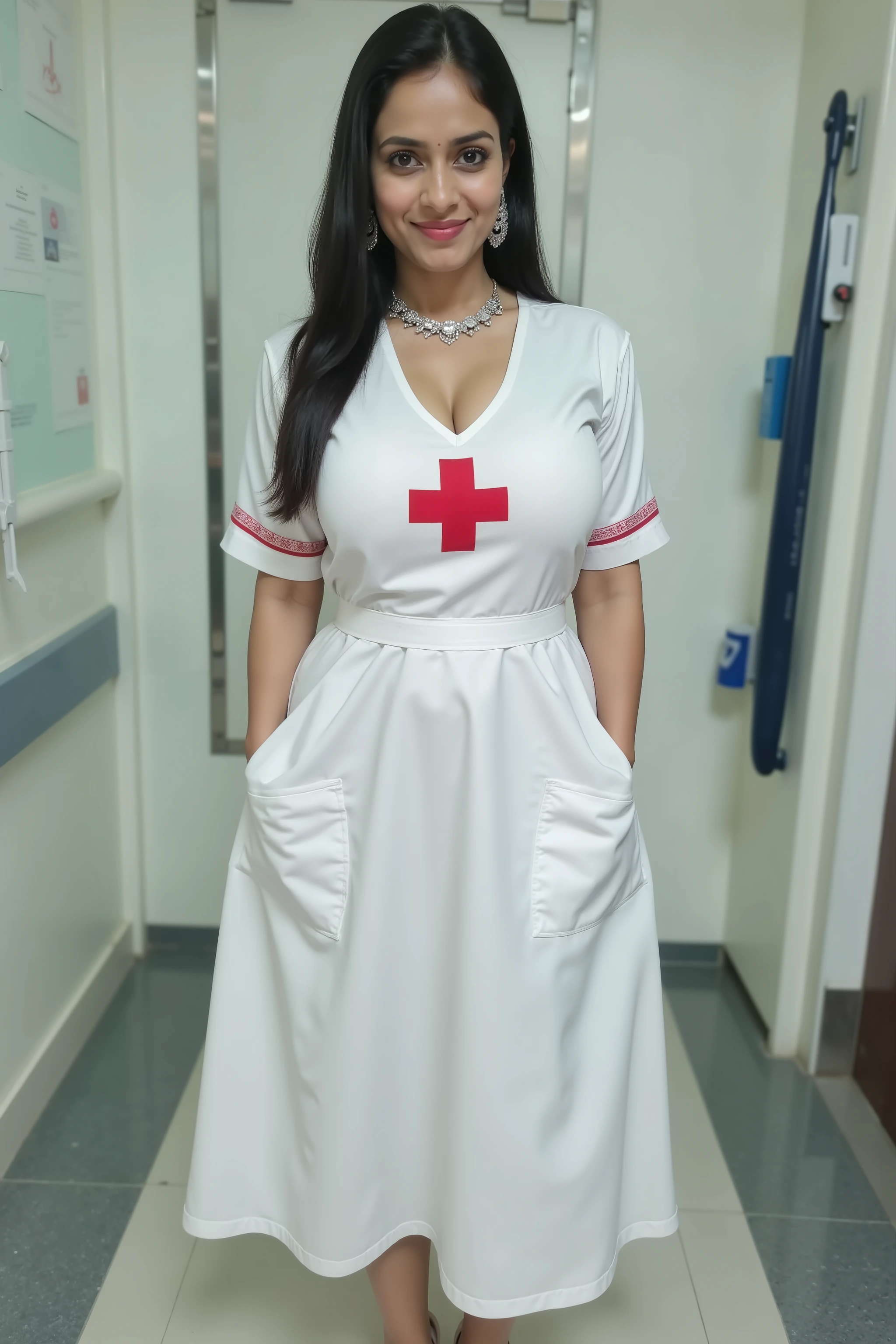 ((Best Quality)), ((Masterpiece)), (8K Ultra HD Photos), (Fully Perfect and Texture Body Details), (Oily Skin). (Realistic Skins Texture Photos) , A 40 Yrs Old ,Beautiful Indian Woman, Wearing White Shirt, Nurse Dress with Red Cross that is blue rubber , Earings, Jewellery set, Diamond Necklace, Design Hairstyles. Big and Huge Tight and Overflow Boobs, Perfect Two Hand, Long and Red Nails Polish and High Heels . Background Indoors Hospital Photoshoot . Standing Straight, Seeing Frontend, And Smile