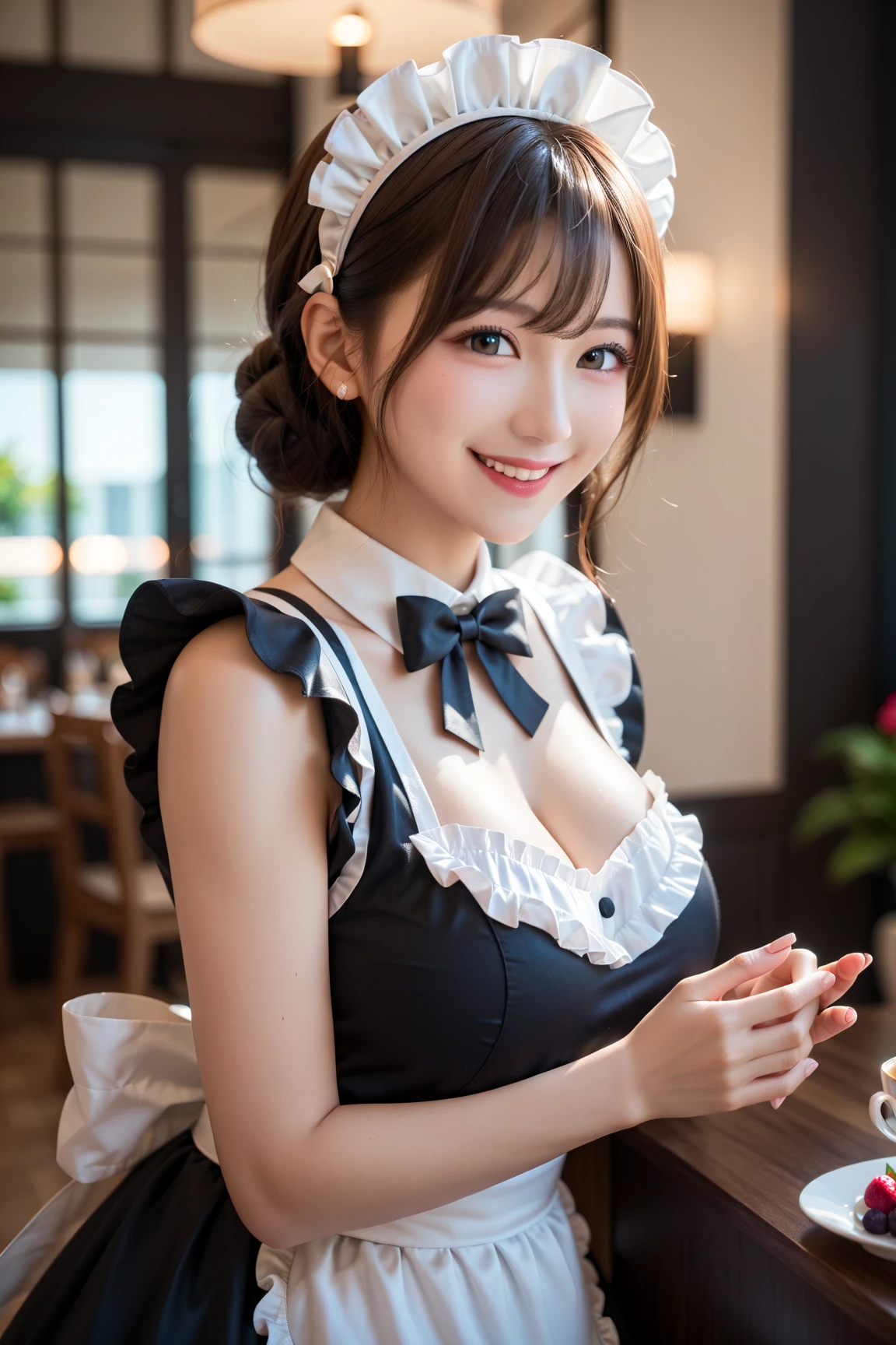 Beauty,  high quality, Complete, In detail, High resolution, 8k wallpaper, whole body, Perfect dynamic composition,  Beautiful attention to detail, Random ???? poses, Charm,Alluring, 20 year's old, round face, smile, ((maid)), Cute pink Girl's cafe