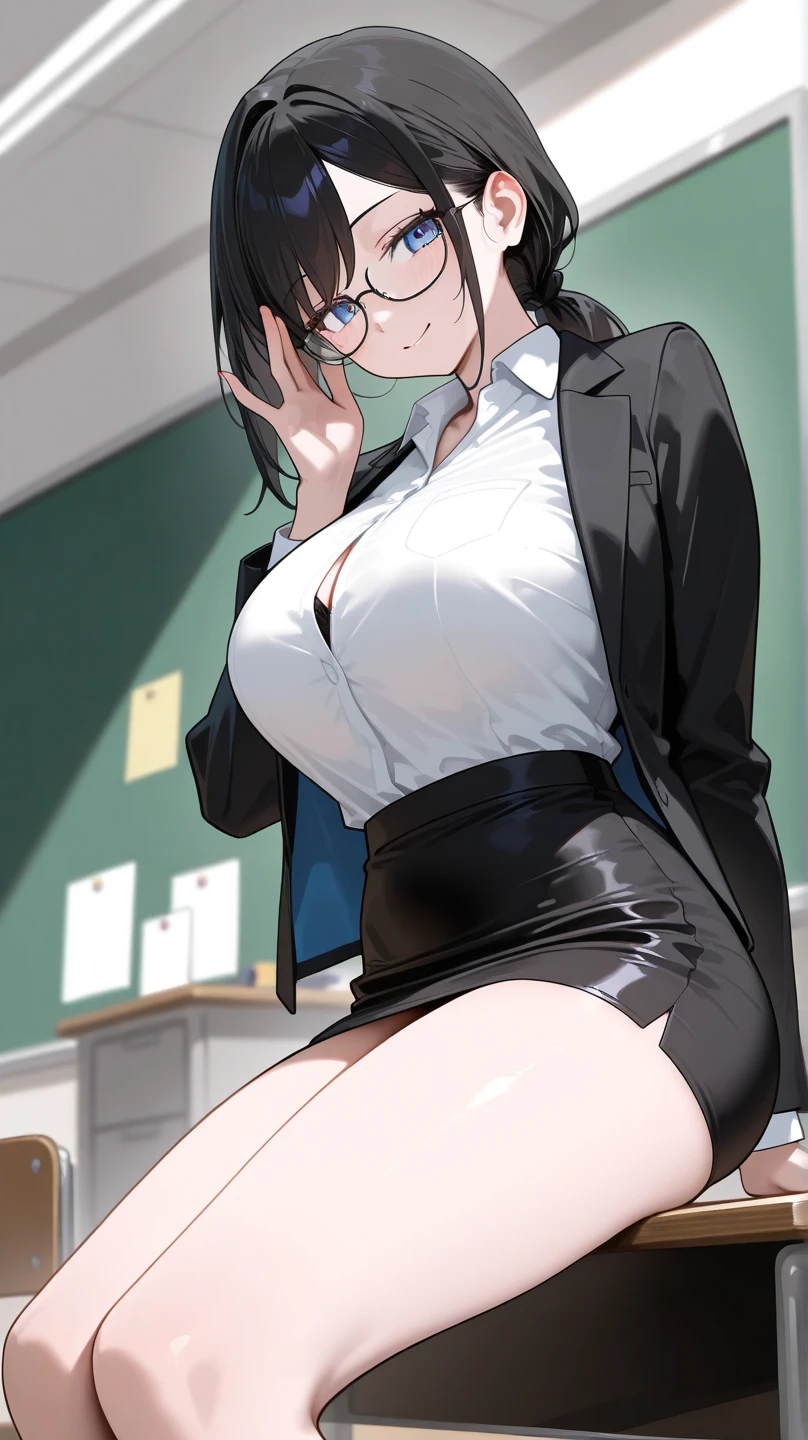super fine illustration, vibrant colors, masterpiece, sharp focus, best quality, depth of field, cinematic lighting, ultra detailed, business coat, crop top, crop jacket, black blazer, black pencil skirt, office lady,  navel, midriff, 1 woman, office, solo, milf, slender, blush, annoyed, room, indoors, mature female, tall woman, looking down, v-shaped eyebrows, small ???????, black hair, leaning on table, black ribbon tie, glasses, stomach
