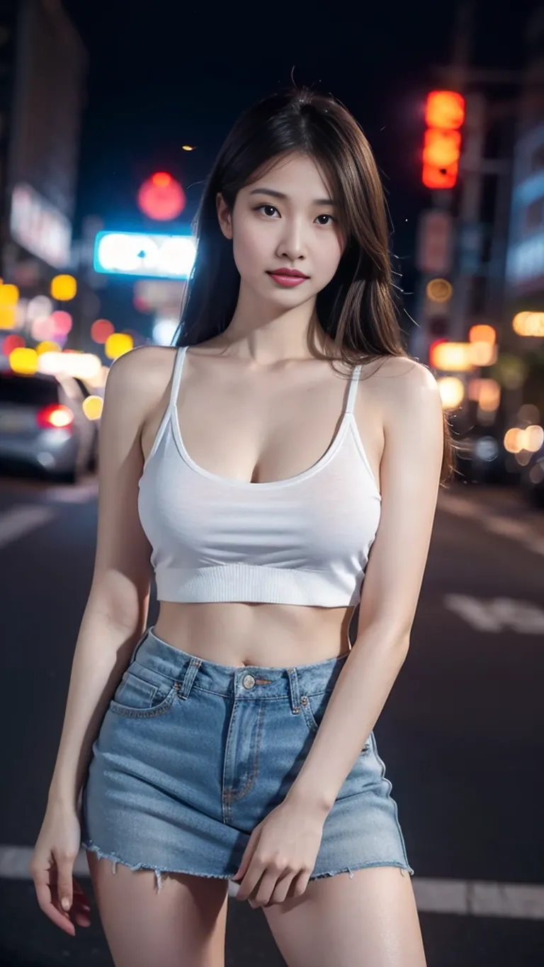 attractive young woman with long brown hair Fair-white skin, wearing a light-pink tight, cropped, sleeveless tank top. Tight jeans, slightly torn shorts, over size suit jacket , beautiful ?????? ,elegance pose, night roadside bokeh background